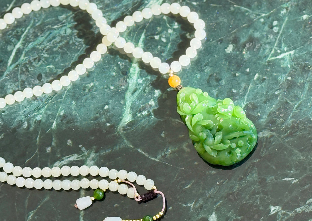 After Rain · Evergreen Fortune Jade Necklace Hand-Carved Green Jade Lotus Pendant | Natural Jadeite Necklace with White Jade Beads | One-of-a-kind