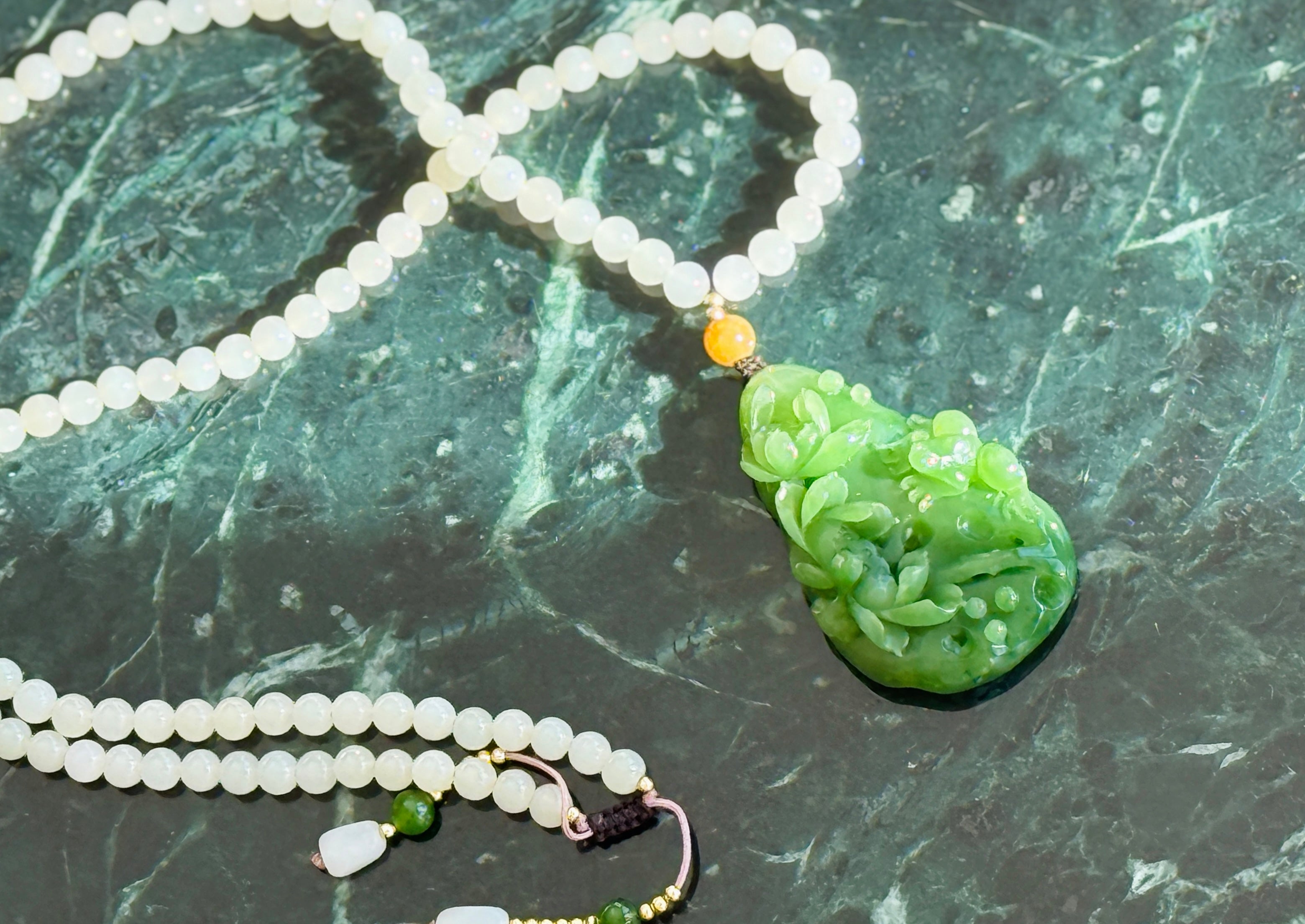 After Rain · Evergreen Fortune Jade Necklace Hand-Carved Green Jade Lotus Pendant | Natural Jadeite Necklace with White Jade Beads | One-of-a-kind
