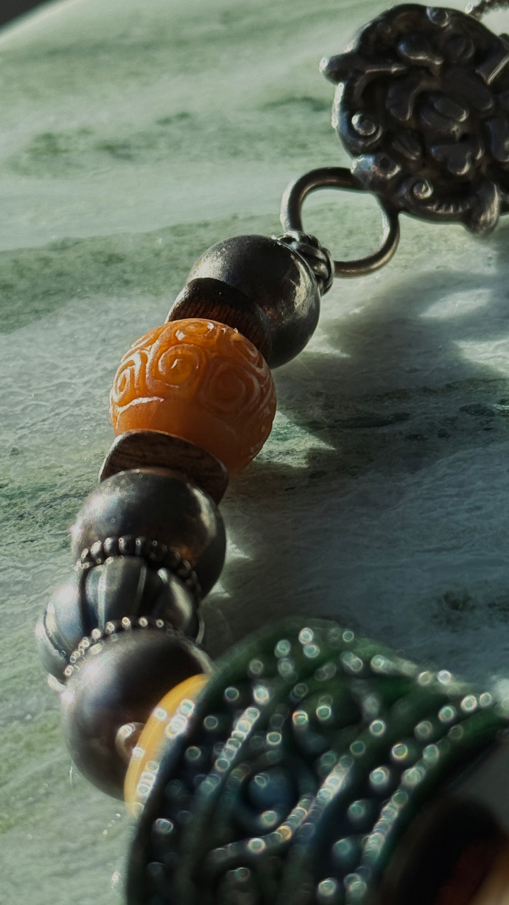 Ethereal · Vintage Statement Necklace with Large Dark Green Jade Barrel Bead | Handcrafted 925 Silver, Enamel Four Beasts, Antique Beads | One-of-a-kind