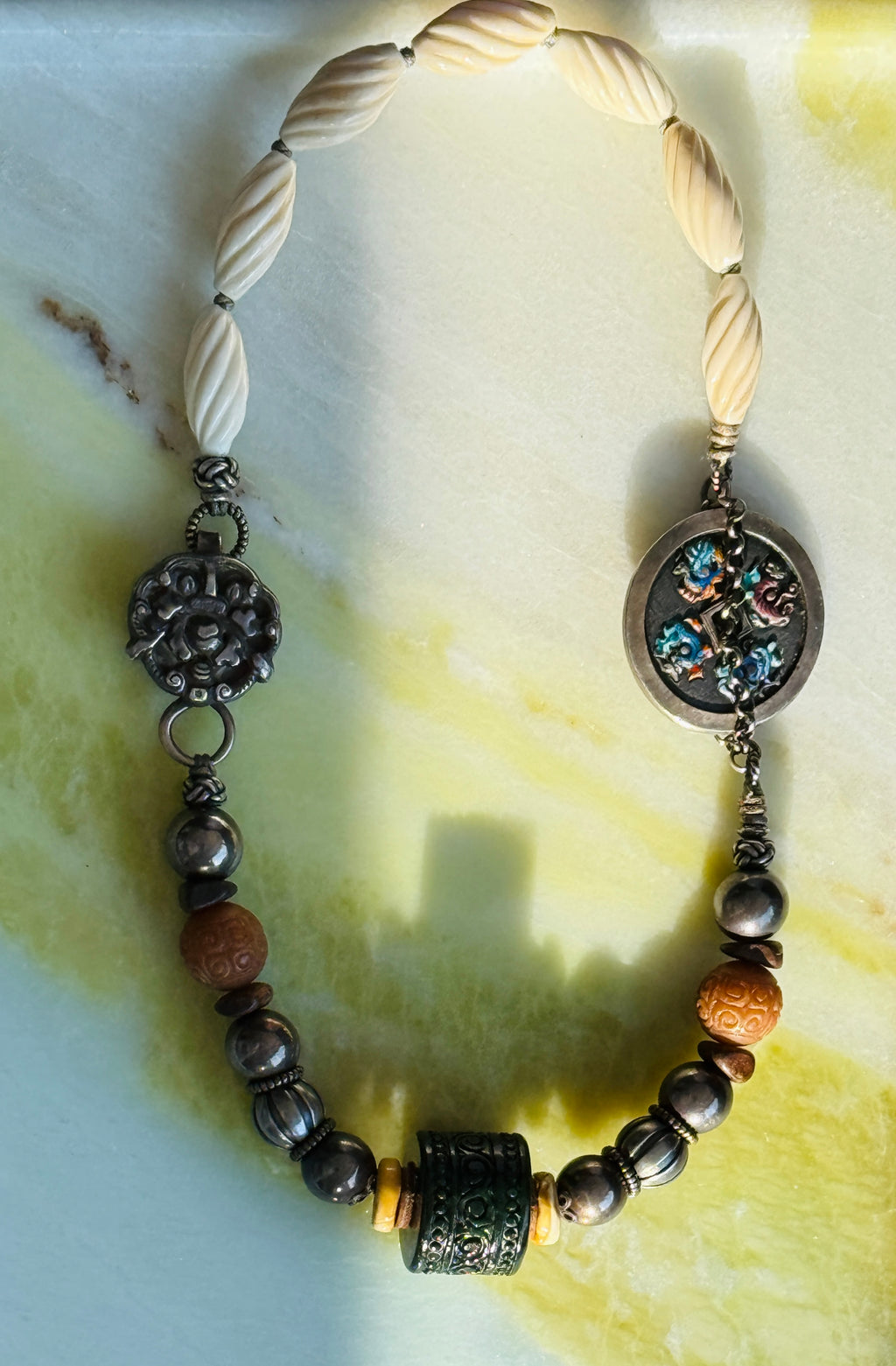 Ethereal · Vintage Statement Necklace with Large Dark Green Jade Barrel Bead | Handcrafted 925 Silver, Enamel Four Beasts, Antique Beads | One-of-a-kind