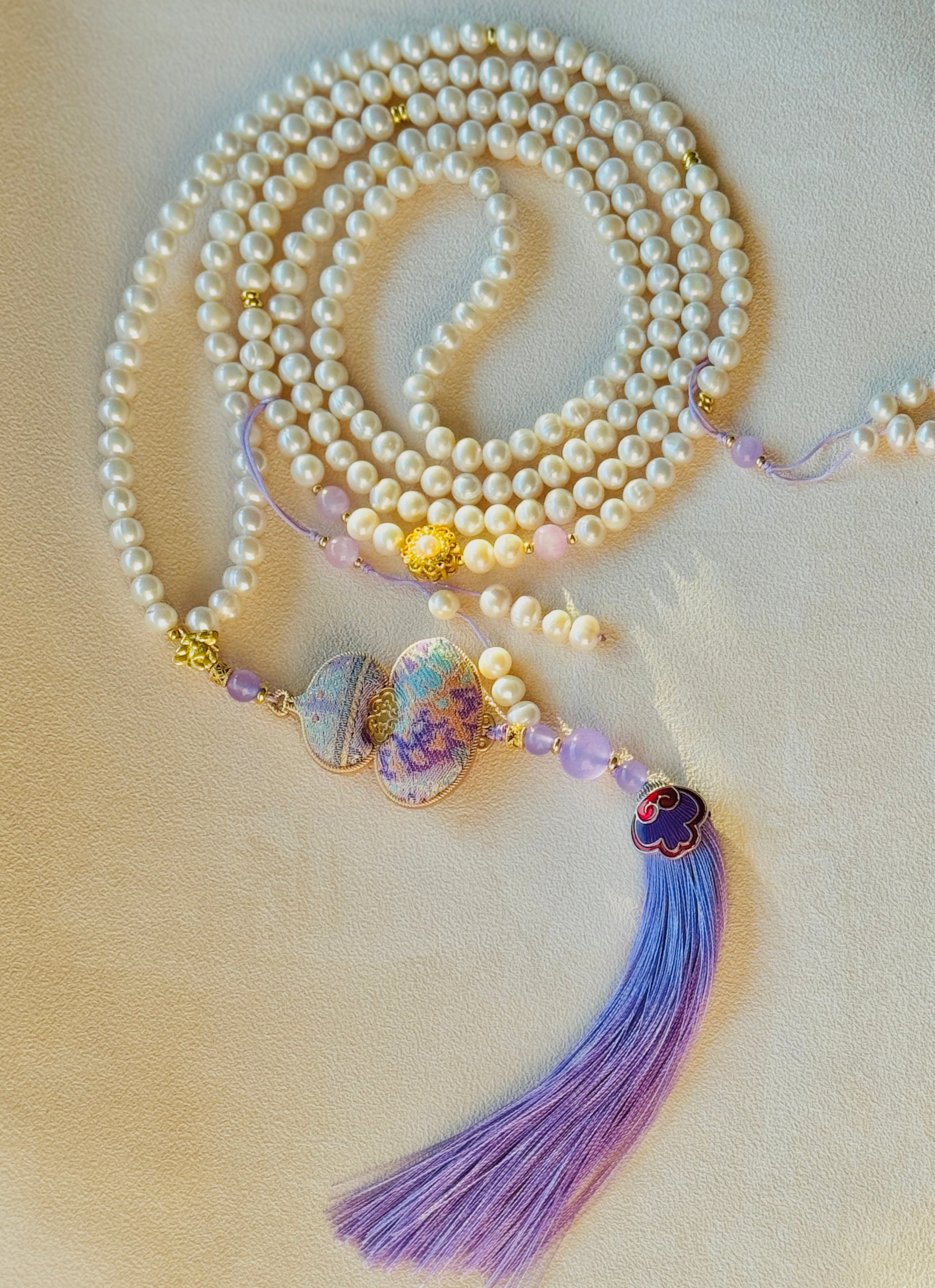 Luck & Fortune Chain · Pearl & Jade Crossbody Chain with Embroidered Gourd
