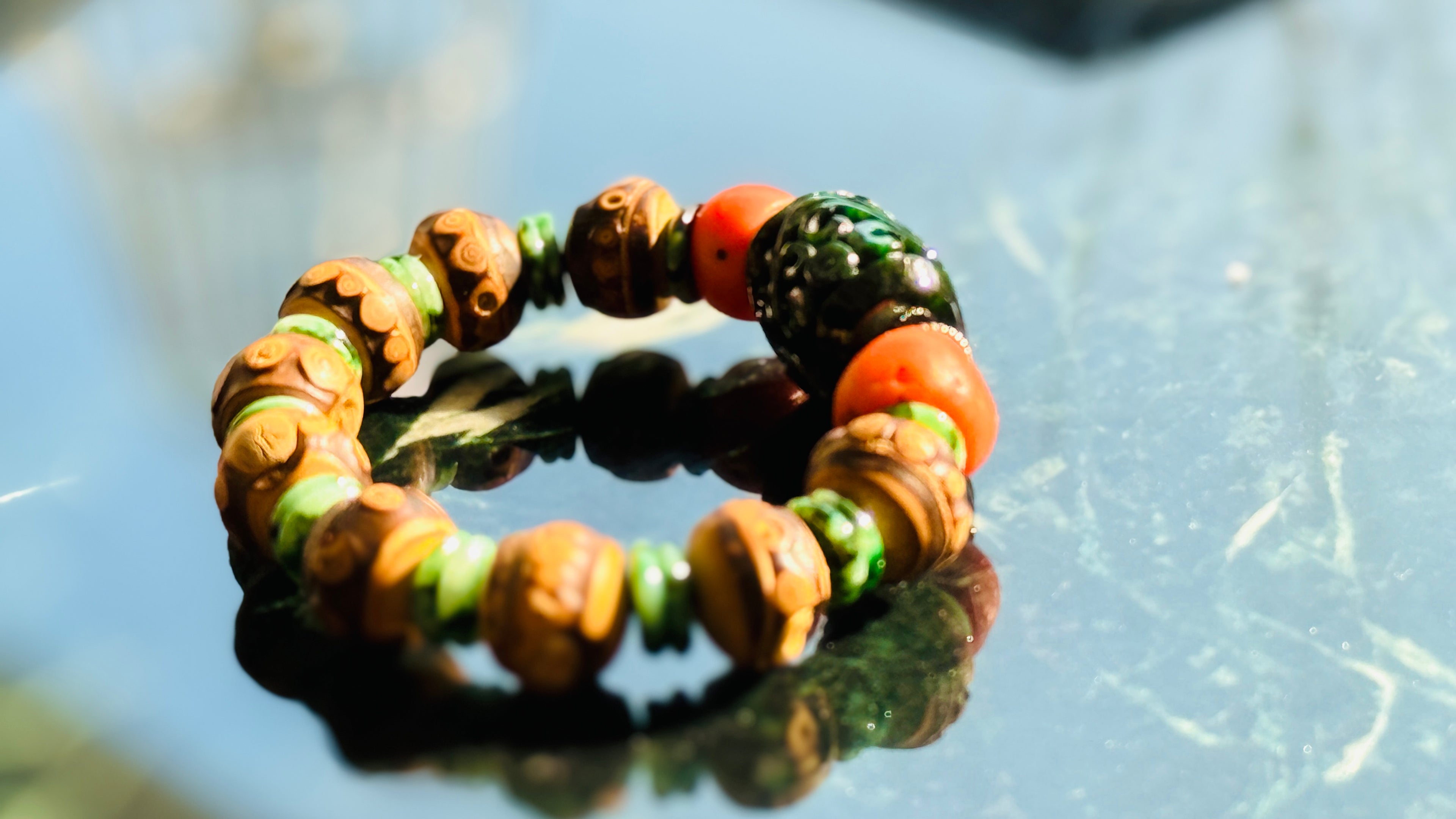 Summervale · One-of-a-Kind Jade & Vintage Bead Bracelet | Carved Green Jade • Vintage Red Beads • Bamboo Nail Beads | One-of-a-kind