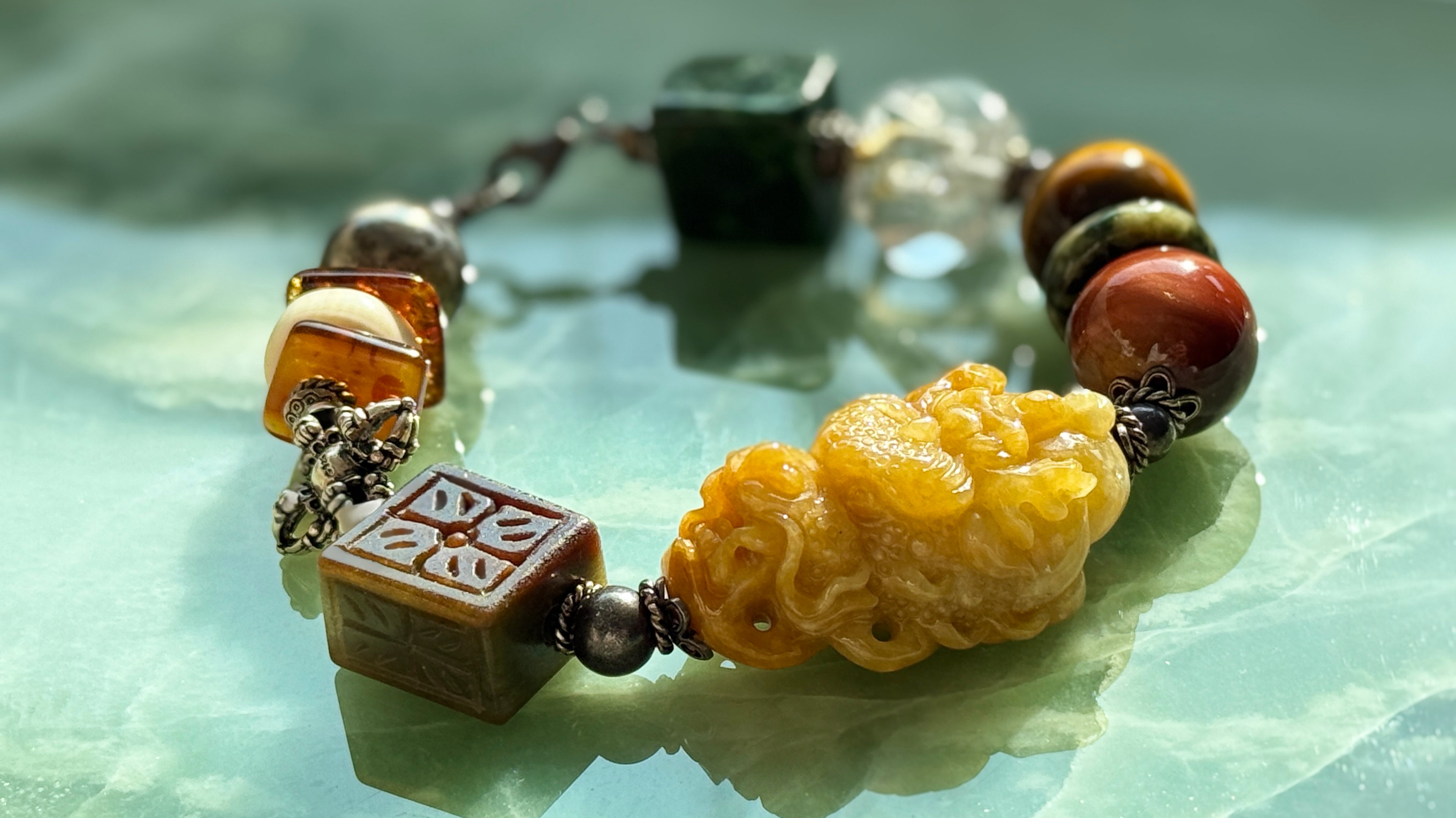 Ascendance · Emperial Yellow Dragon Jade Bracelet | Hand-Carved| Amber • 925 Silver | One-of-a-kind