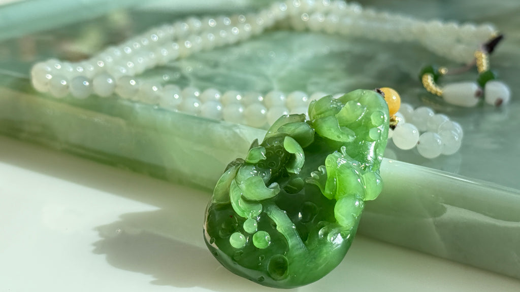 After Rain · Evergreen Fortune Jade Necklace Hand-Carved Green Jade Lotus Pendant | Natural Jadeite Necklace with White Jade Beads | One-of-a-kind