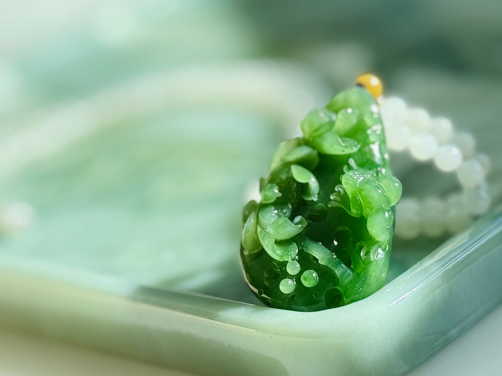 After Rain · Evergreen Fortune Jade Necklace Hand-Carved Green Jade Lotus Pendant | Natural Jadeite Necklace with White Jade Beads | One-of-a-kind