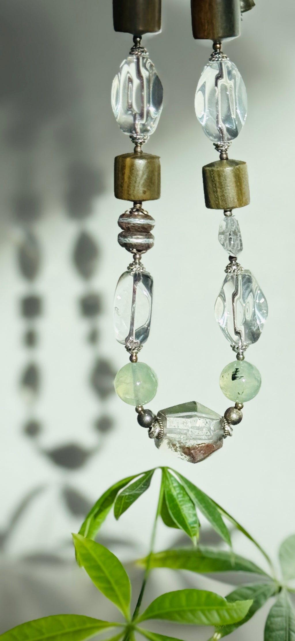 Clearflow· Handcrafted Green Phantom Quartz Necklace | Prehnite • White Quartz • Sandalwood • 925 Silver | One-of-a-kind
