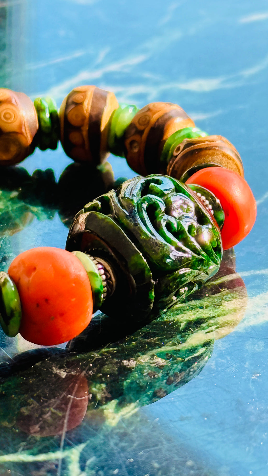 Summervale · One-of-a-Kind Jade & Vintage Bead Bracelet | Carved Green Jade • Vintage Red Beads • Bamboo Nail Beads | One-of-a-kind