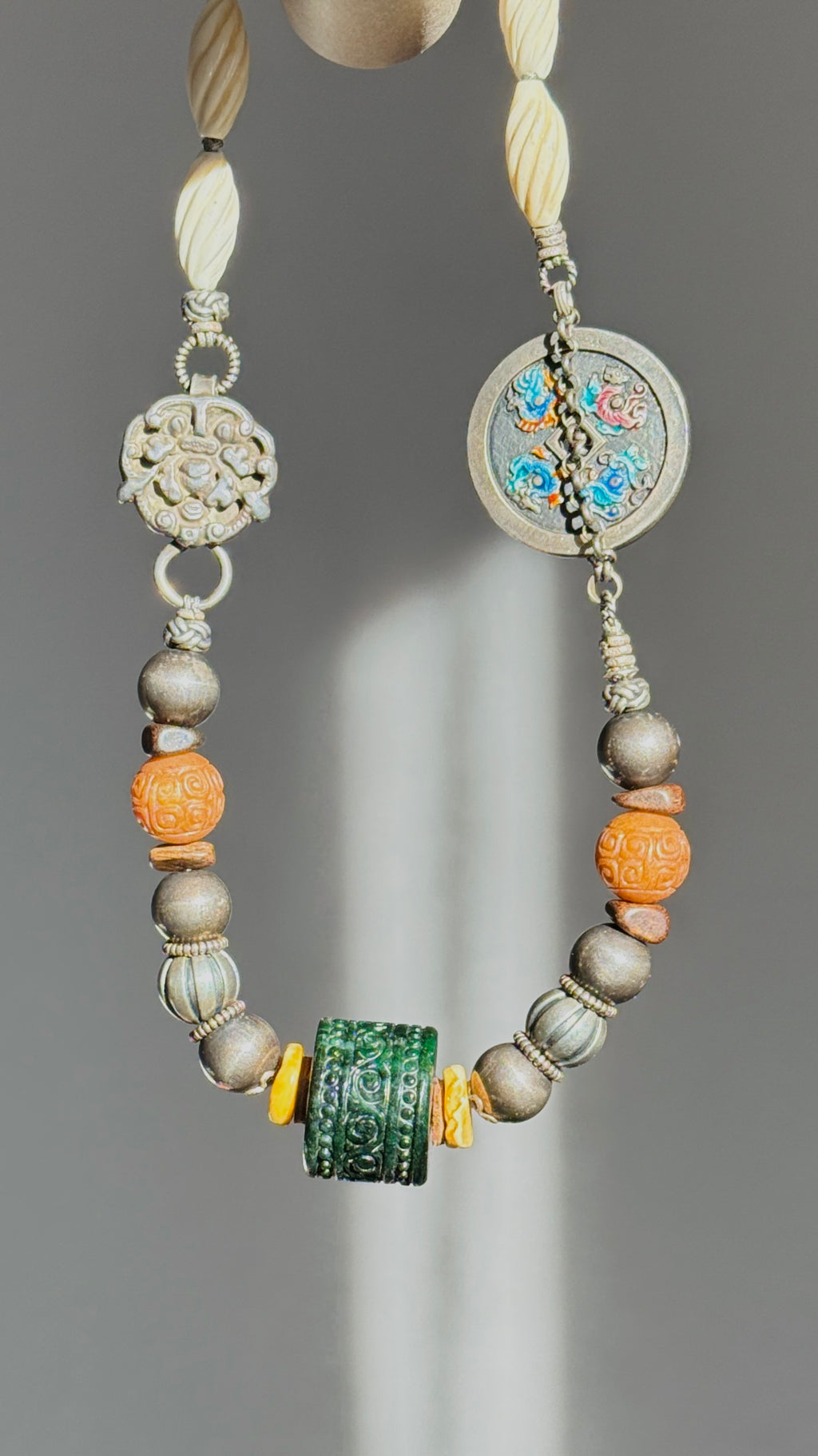 Ethereal · Vintage Statement Necklace with Large Dark Green Jade Barrel Bead | Handcrafted 925 Silver, Enamel Four Beasts, Antique Beads | One-of-a-kind