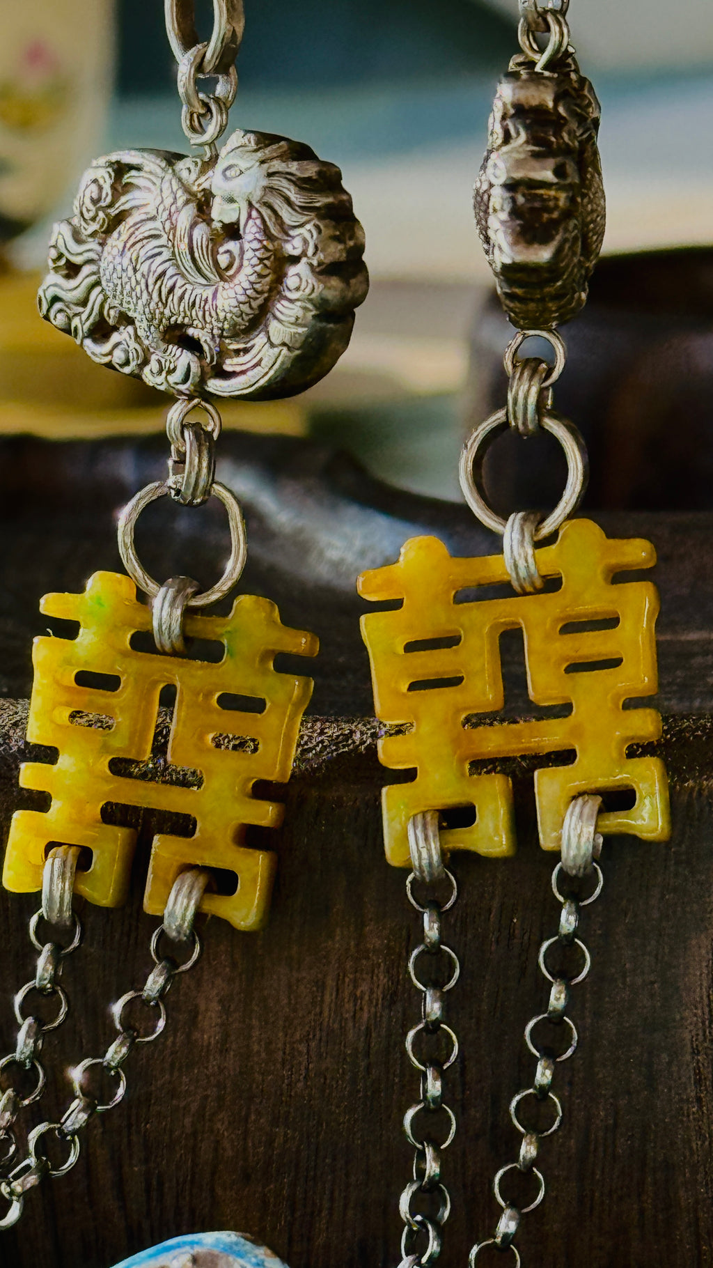 Double Happiness · Yellow & Green Jade Peace Disc Necklace | Large Bi-Colour Jade | Silver Enamel Phoenix & Double Happiness | One-of-a-kind