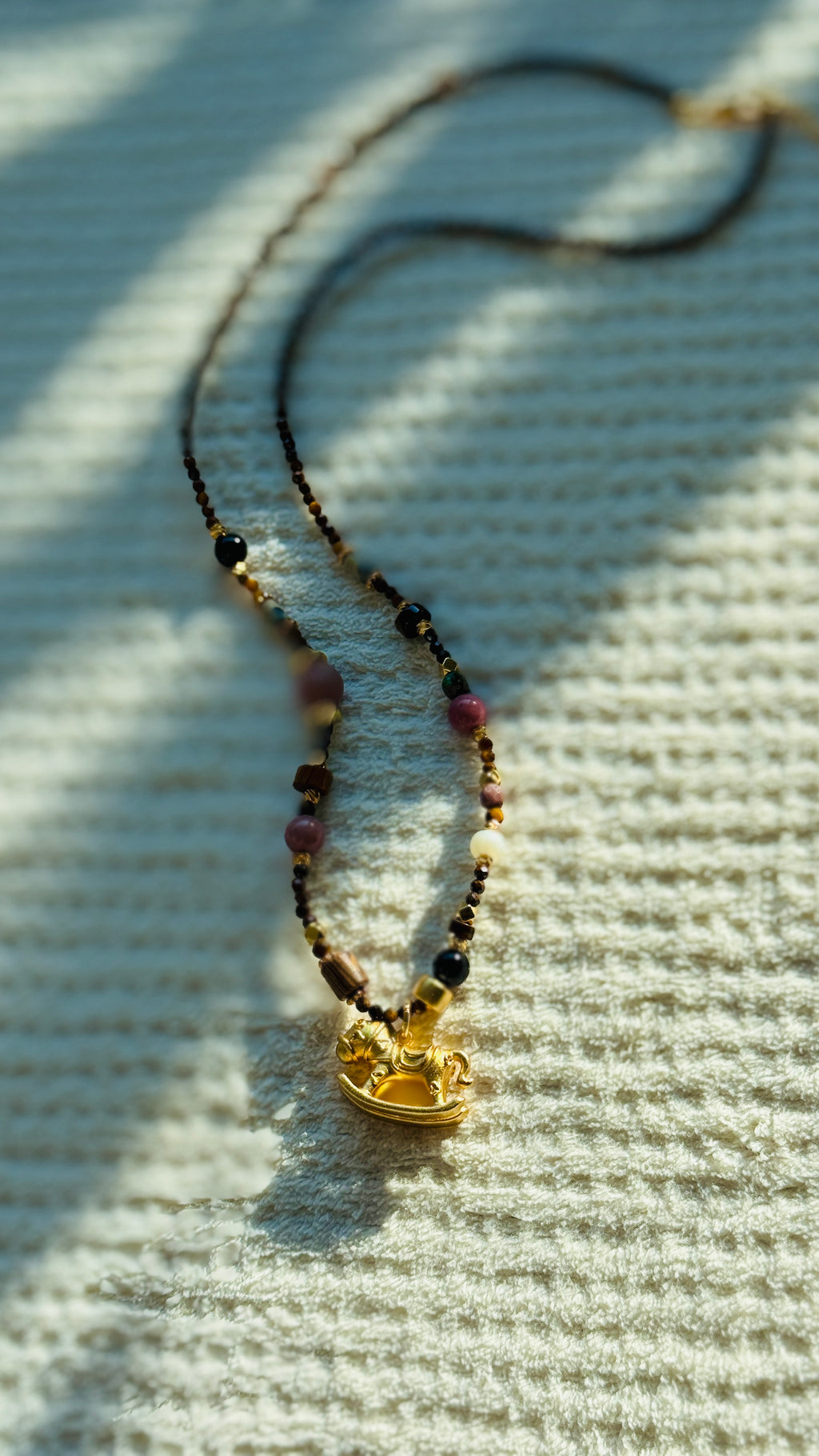 Grounding · Year of Horse Lucky Necklace｜Tiger’s Eye Gem Long Necklace with Rocking Horse Pendant