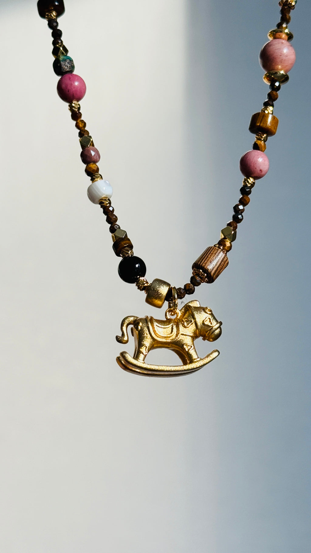 Grounding · Year of Horse Lucky Necklace｜Tiger’s Eye Gem Long Necklace with Rocking Horse Pendant