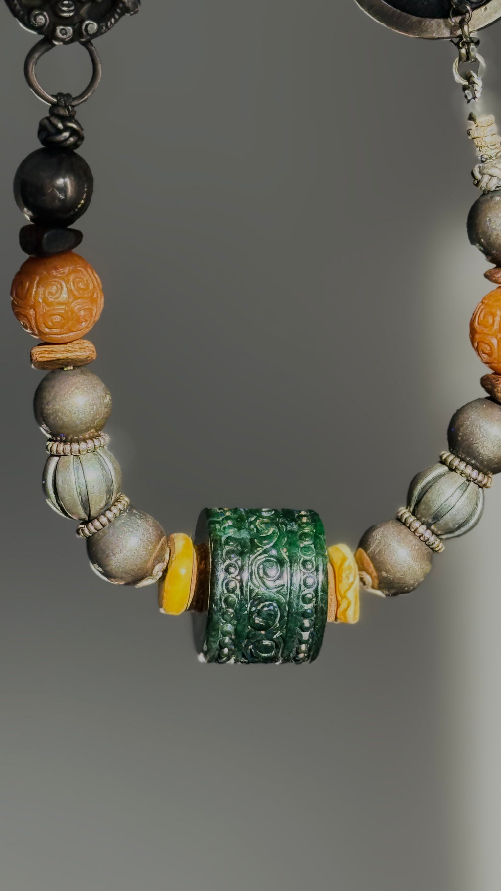 Ethereal · Vintage Statement Necklace with Large Dark Green Jade Barrel Bead | Handcrafted 925 Silver, Enamel Four Beasts, Antique Beads | One-of-a-kind