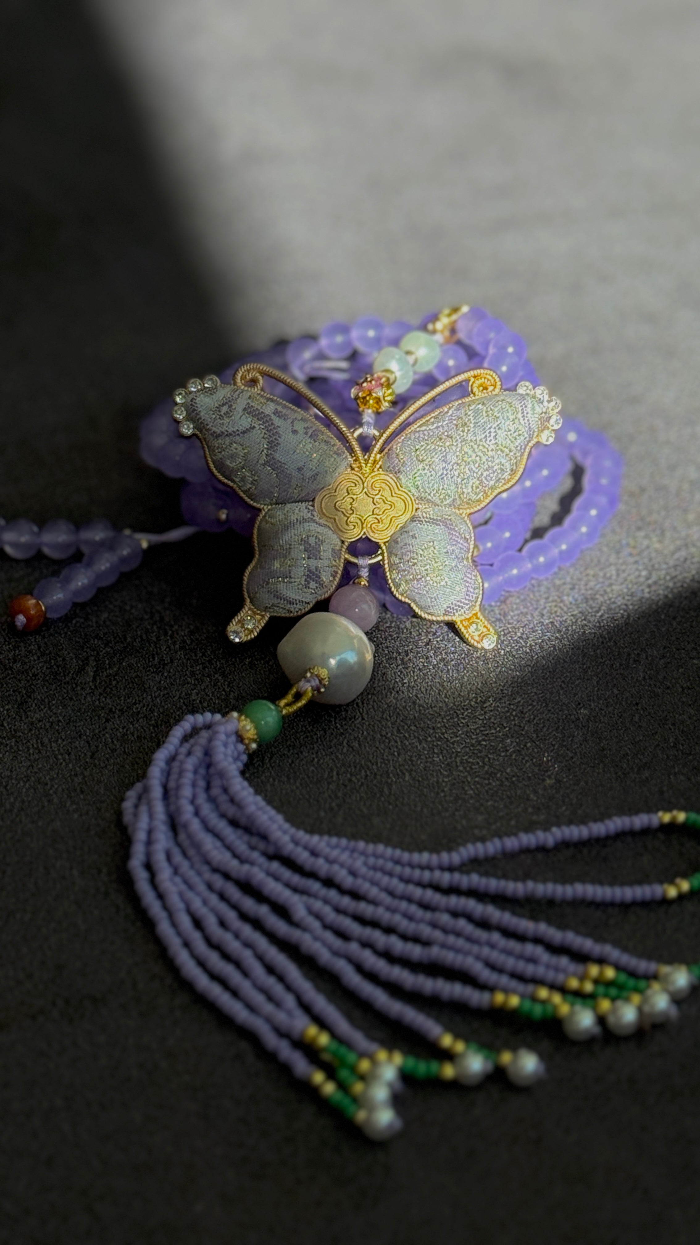 Lavender Haze · Crossbody chain with purple chalcedony beads and hand-embroidered butterfly