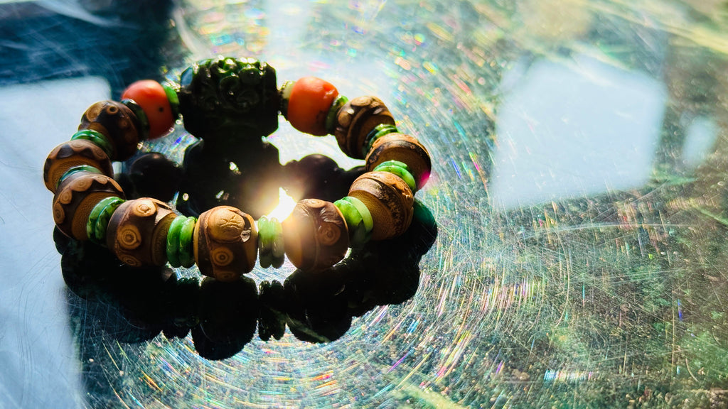 Summervale · One-of-a-Kind Jade & Vintage Bead Bracelet | Carved Green Jade • Vintage Red Beads • Bamboo Nail Beads | One-of-a-kind