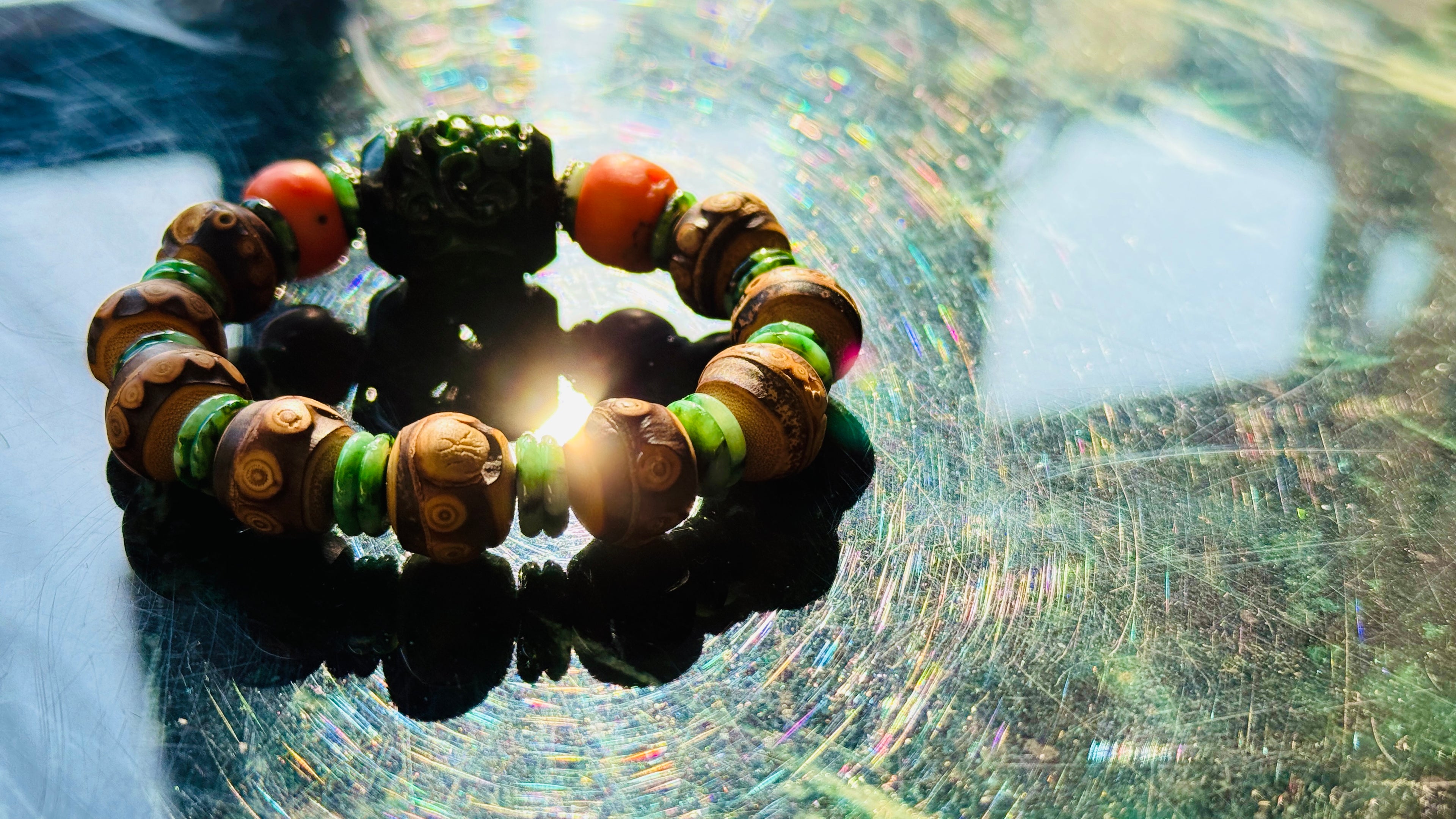 Summervale · One-of-a-Kind Jade & Vintage Bead Bracelet | Carved Green Jade • Vintage Red Beads • Bamboo Nail Beads | One-of-a-kind
