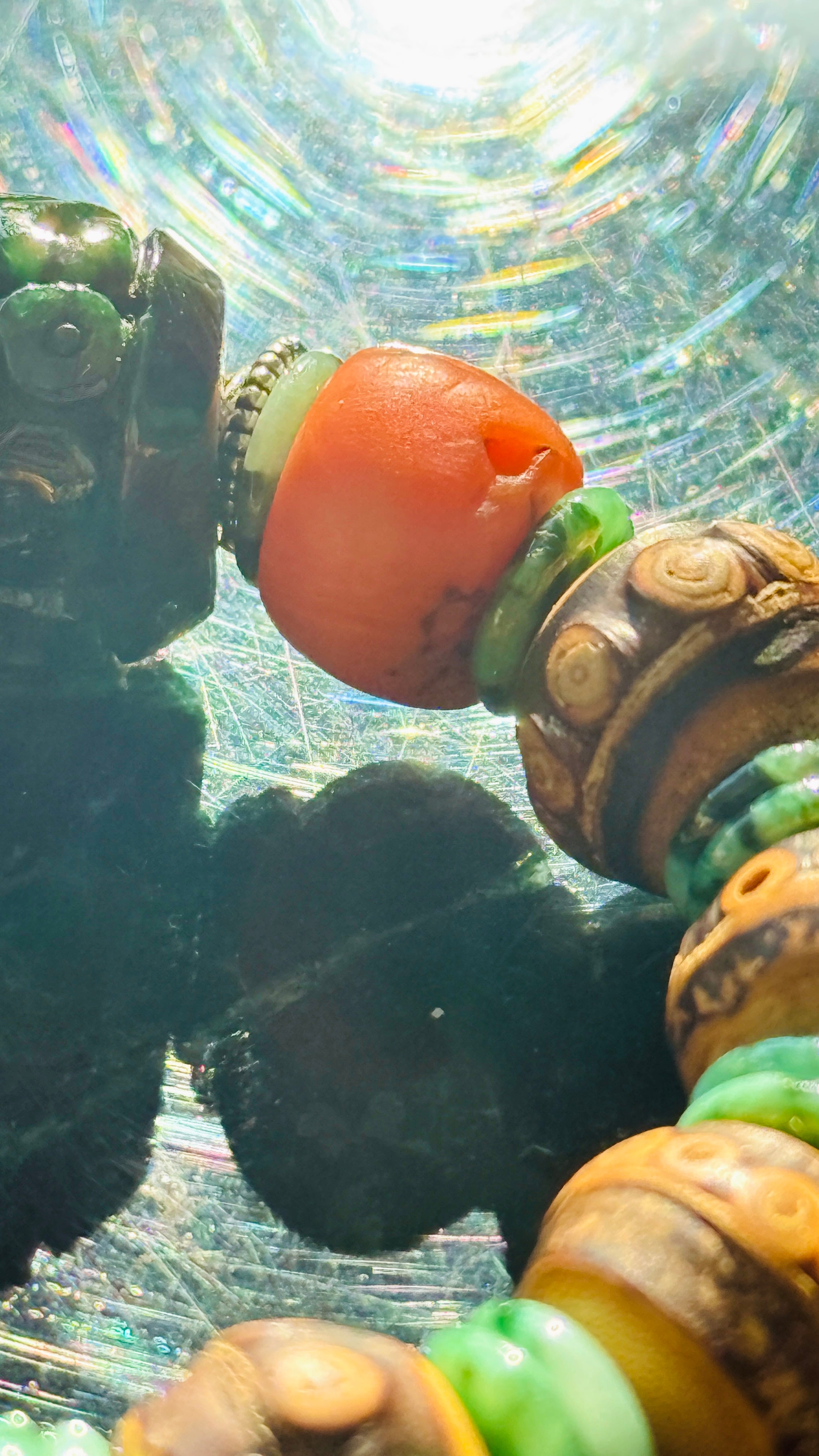 Summervale · One-of-a-Kind Jade & Vintage Bead Bracelet | Carved Green Jade • Vintage Red Beads • Bamboo Nail Beads | One-of-a-kind