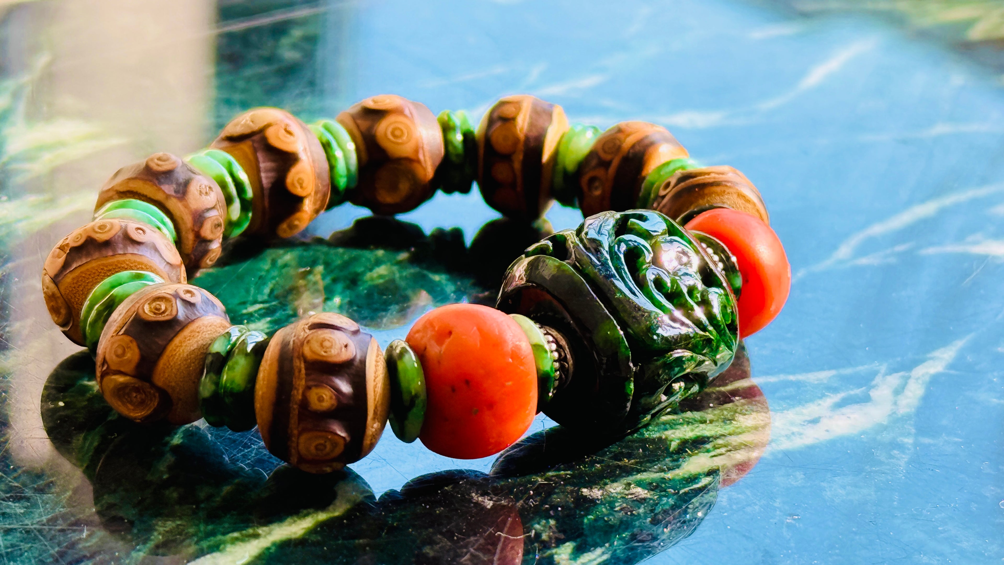 Summervale · One-of-a-Kind Jade & Vintage Bead Bracelet | Carved Green Jade • Vintage Red Beads • Bamboo Nail Beads | One-of-a-kind