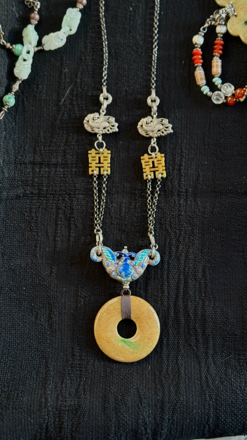 Double Happiness · Yellow & Green Jade Peace Disc Necklace | Large Bi-Colour Jade | Silver Enamel Phoenix & Double Happiness | One-of-a-kind