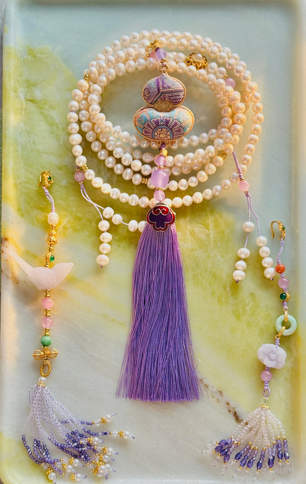 Luck & Fortune Chain · Pearl & Jade Crossbody Chain with Embroidered Gourd