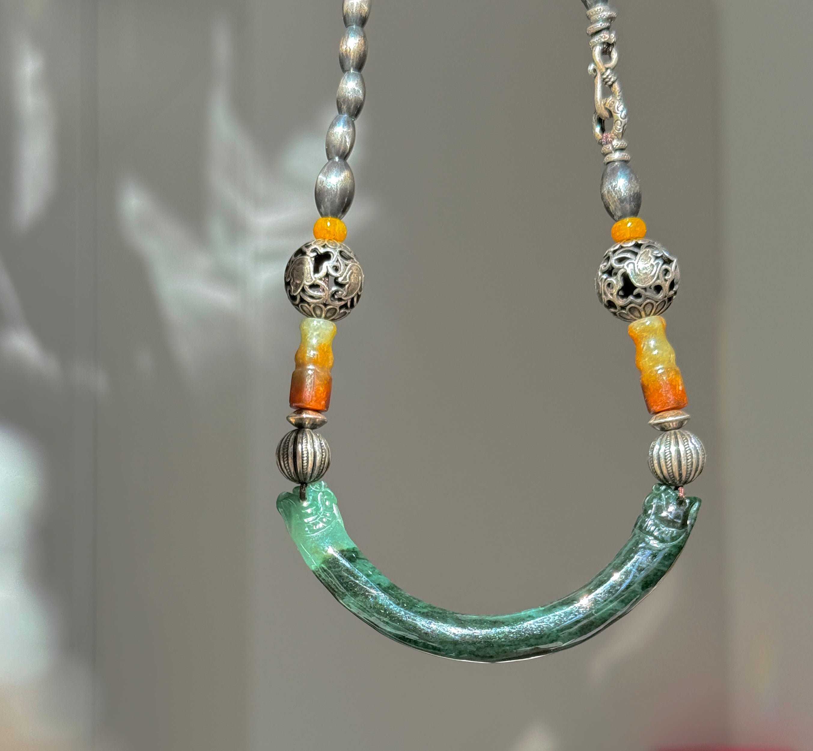 Interval · Antique Jade Arc Necklace | Hand-Carved Green Jade • Aged Silver| One-of-a-kind