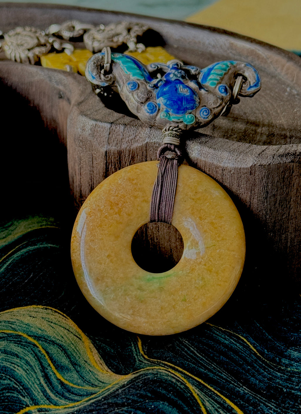 Double Happiness · Yellow & Green Jade Peace Disc Necklace | Large Bi-Colour Jade | Silver Enamel Phoenix & Double Happiness | One-of-a-kind