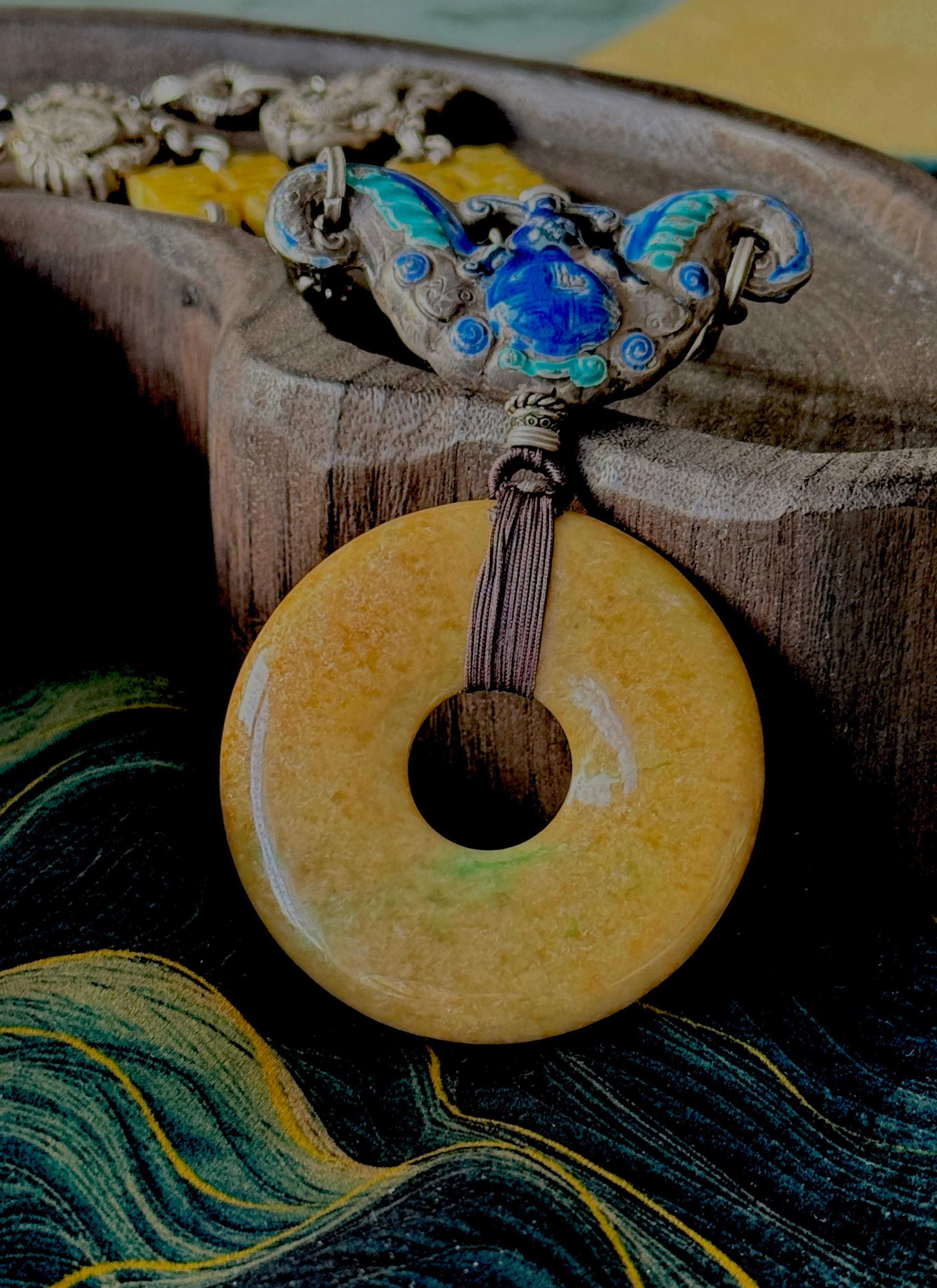 Double Happiness · Yellow & Green Jade Peace Disc Necklace | Large Bi-Colour Jade | Silver Enamel Phoenix & Double Happiness | One-of-a-kind