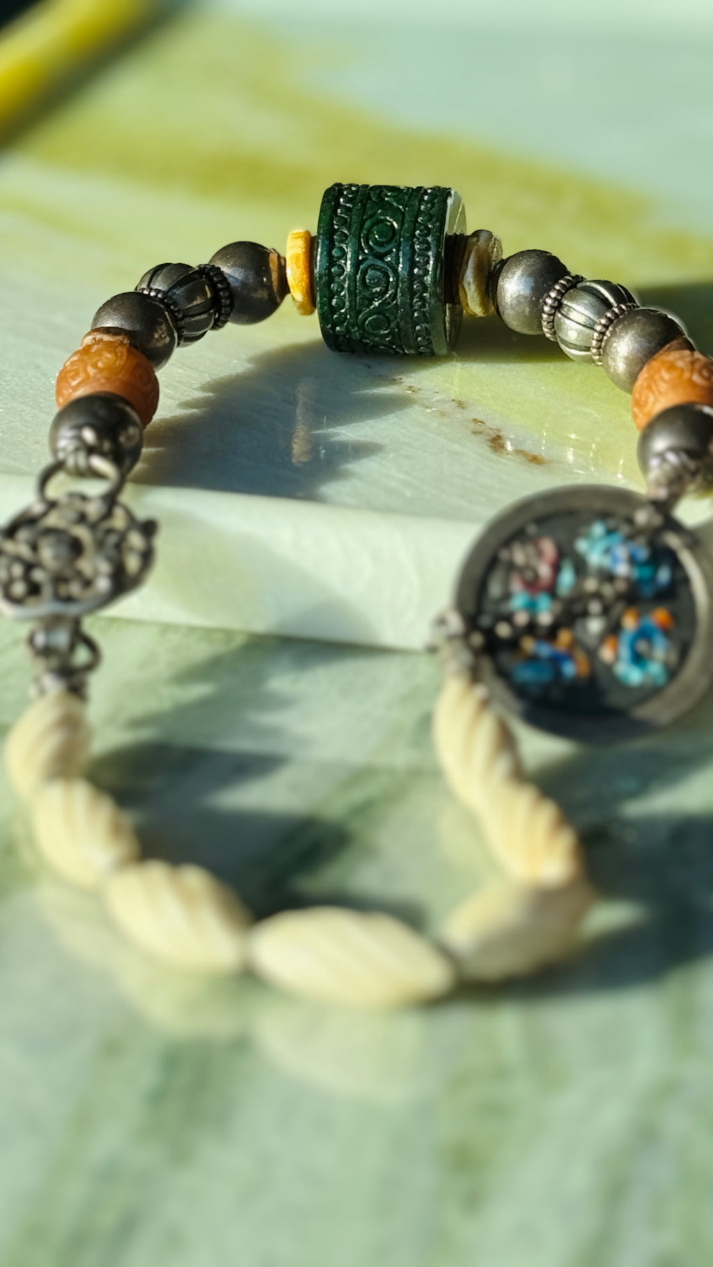 Ethereal · Vintage Statement Necklace with Large Dark Green Jade Barrel Bead | Handcrafted 925 Silver, Enamel Four Beasts, Antique Beads | One-of-a-kind