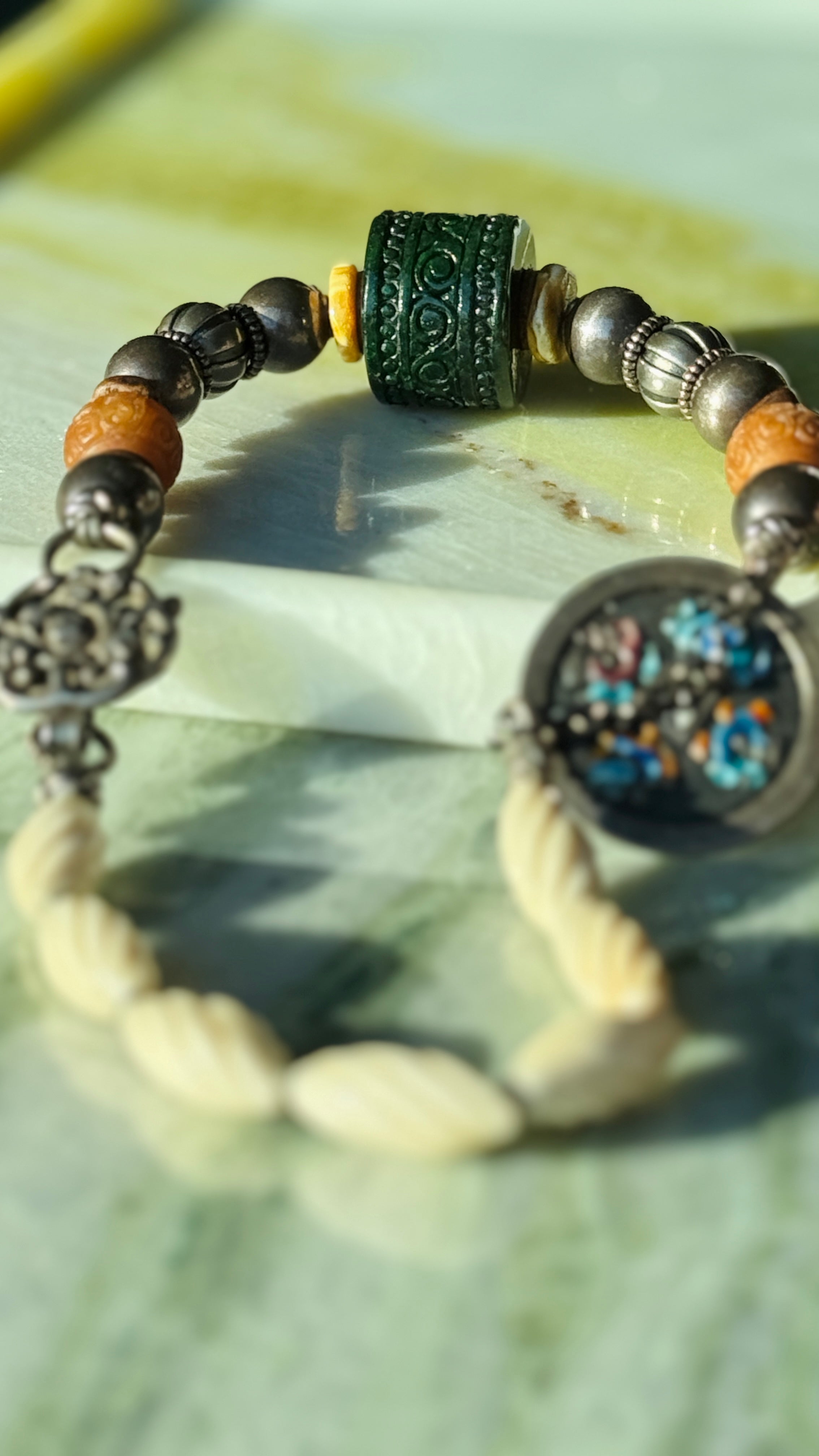 Ethereal · Vintage Statement Necklace with Large Dark Green Jade Barrel Bead | Handcrafted 925 Silver, Enamel Four Beasts, Antique Beads | One-of-a-kind