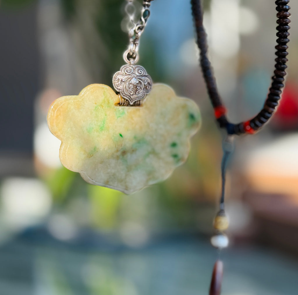 Queen of Green Spades ·  Yellow & Green Jade Necklace | Auspicious Chinese Jade Pendant | One-of-a-kind