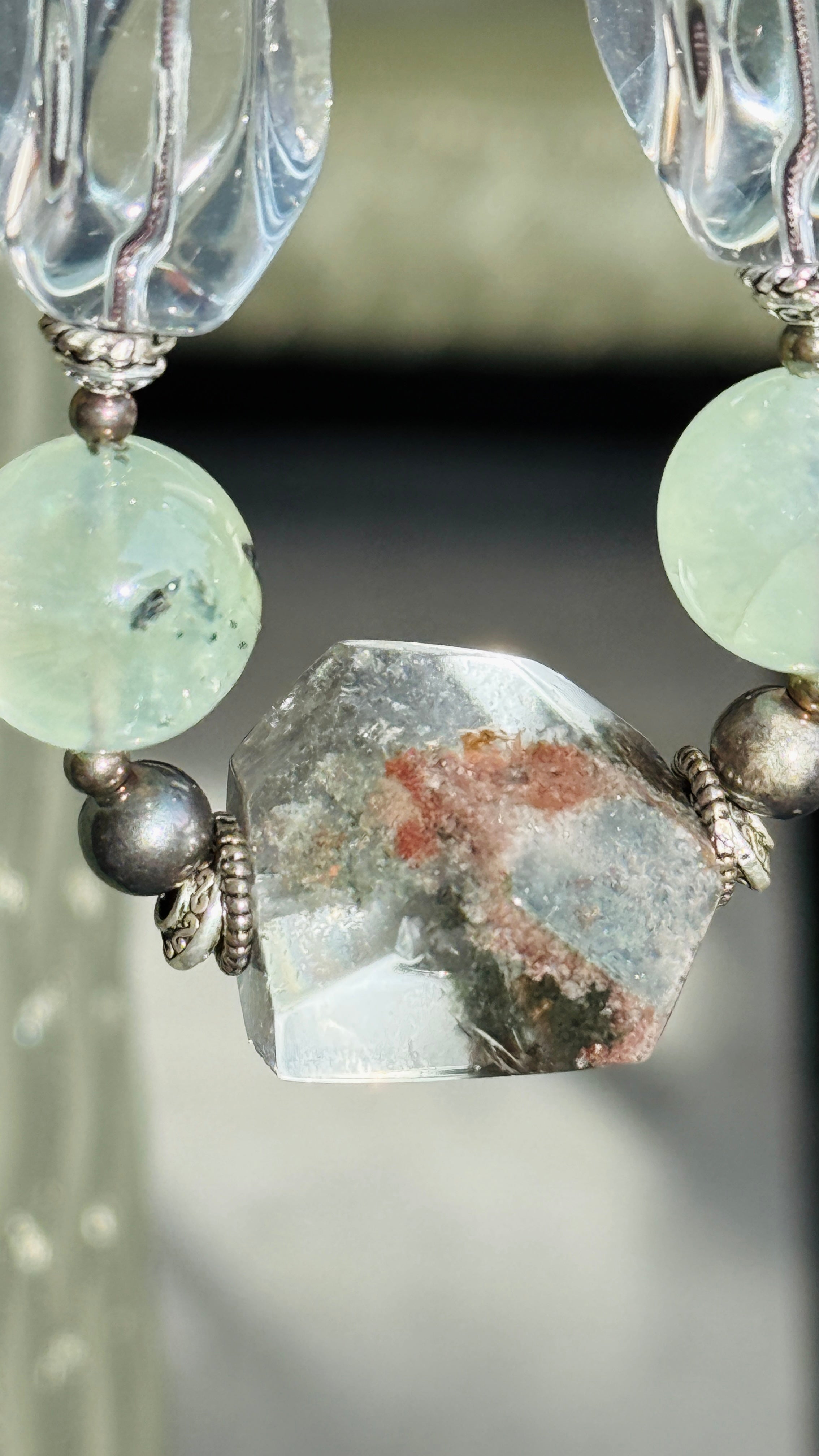Clearflow· Handcrafted Green Phantom Quartz Necklace | Prehnite • White Quartz • Sandalwood • 925 Silver | One-of-a-kind