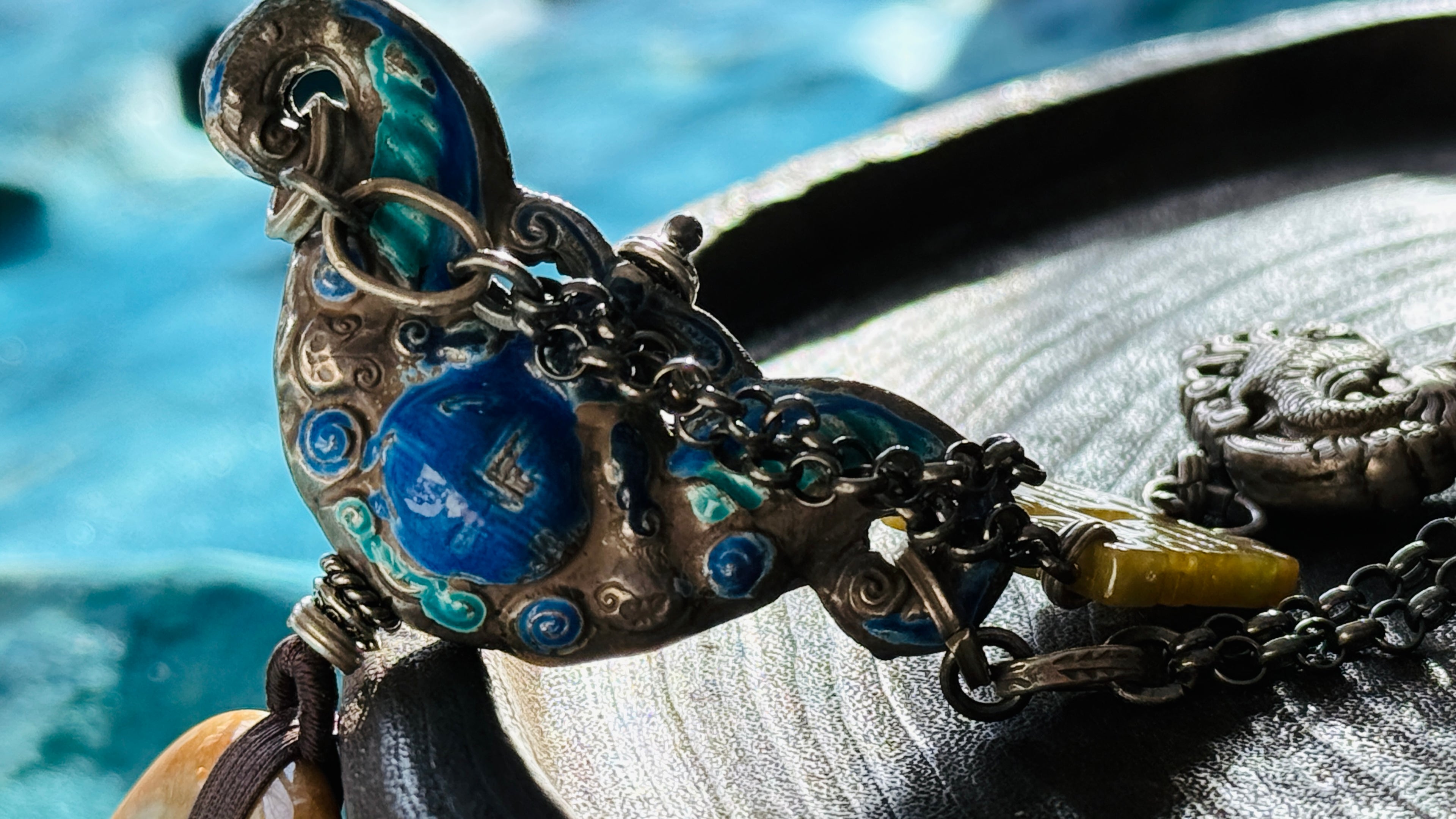 Double Happiness · Yellow & Green Jade Peace Disc Necklace | Large Bi-Colour Jade | Silver Enamel Phoenix & Double Happiness | One-of-a-kind