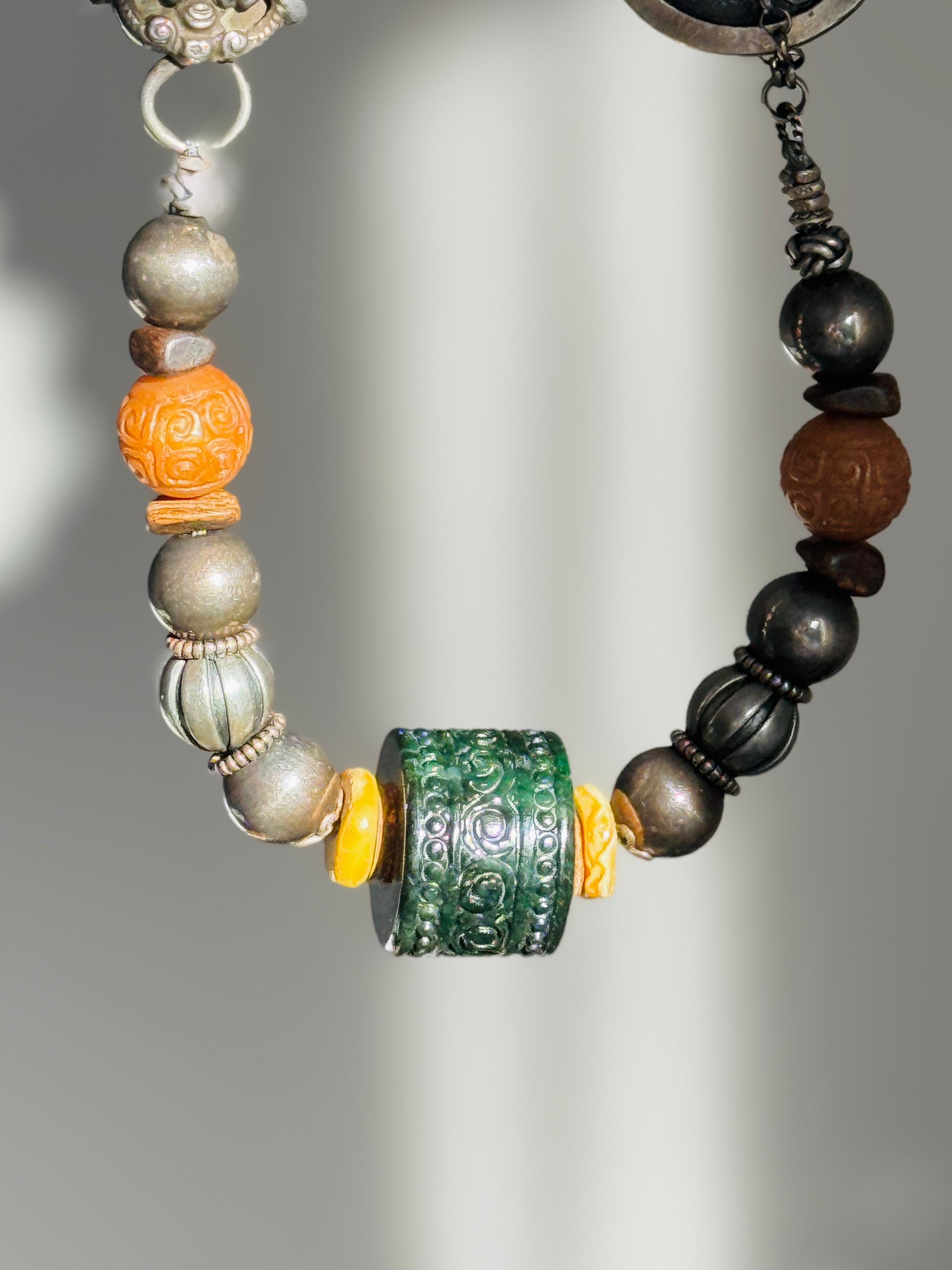 Ethereal · Vintage Statement Necklace with Large Dark Green Jade Barrel Bead | Handcrafted 925 Silver, Enamel Four Beasts, Antique Beads | One-of-a-kind