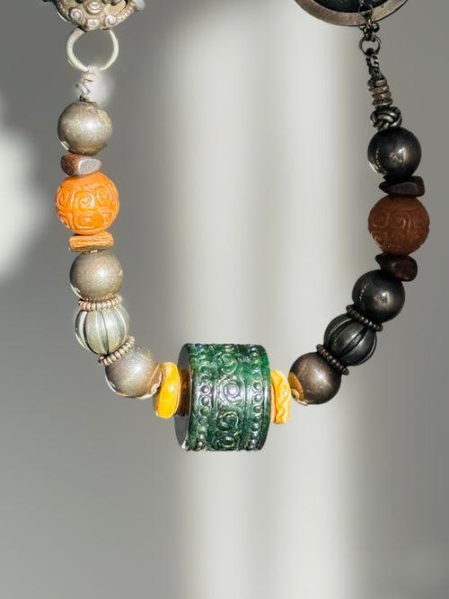 Ethereal · Vintage Statement Necklace with Large Dark Green Jade Barrel Bead | Handcrafted 925 Silver, Enamel Four Beasts, Antique Beads | One-of-a-kind