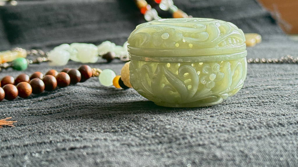 Moonlight Vessel · Hand-Carved Hetian Jade Incense Box | Openwork Jade Sachet | Song-Style | One-of-a-kind