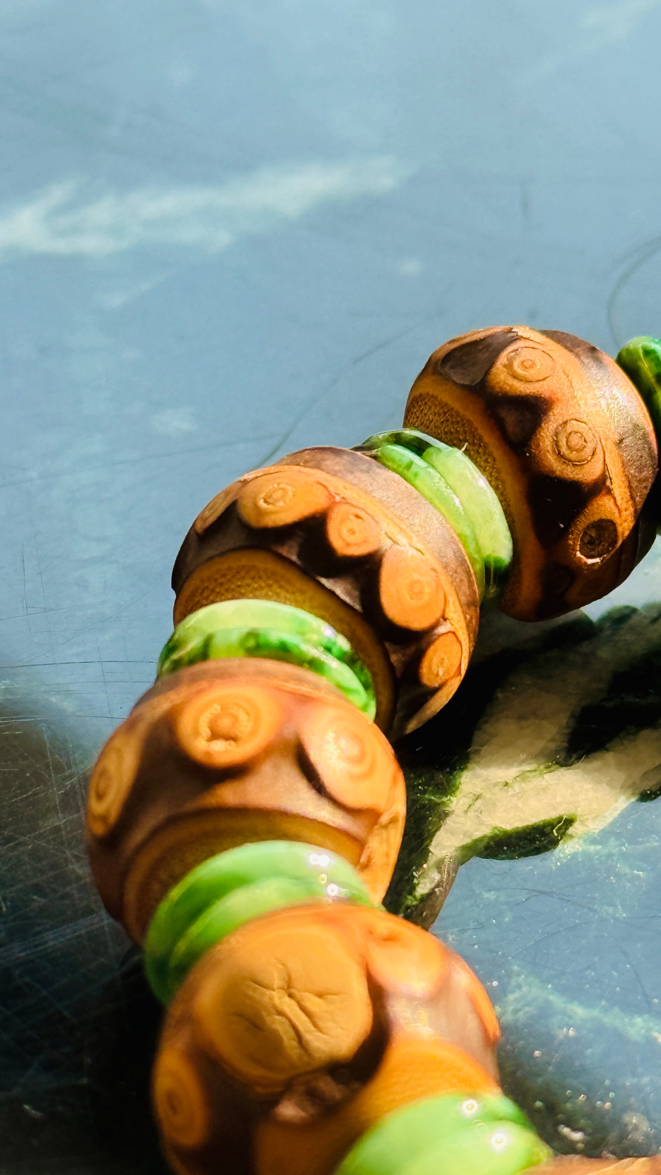 Summervale · One-of-a-Kind Jade & Vintage Bead Bracelet | Carved Green Jade • Vintage Red Beads • Bamboo Nail Beads | One-of-a-kind