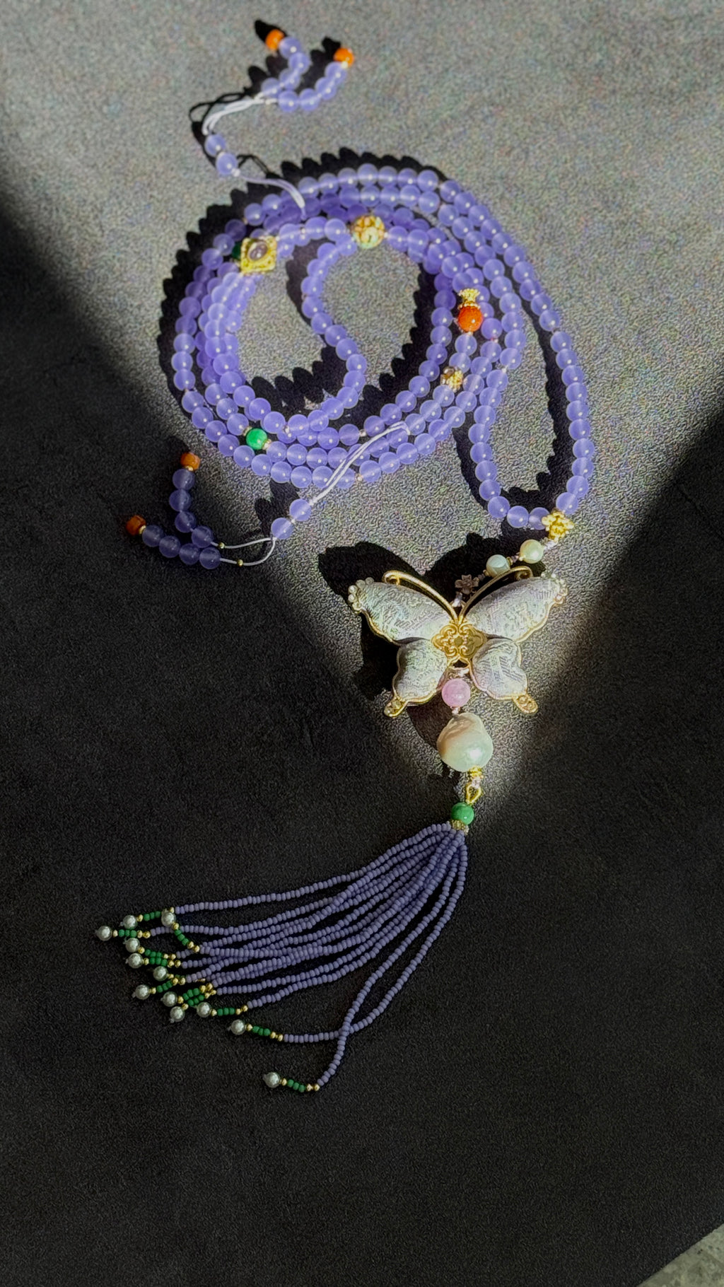 Lavender Haze · Crossbody chain with purple chalcedony beads and hand-embroidered butterfly