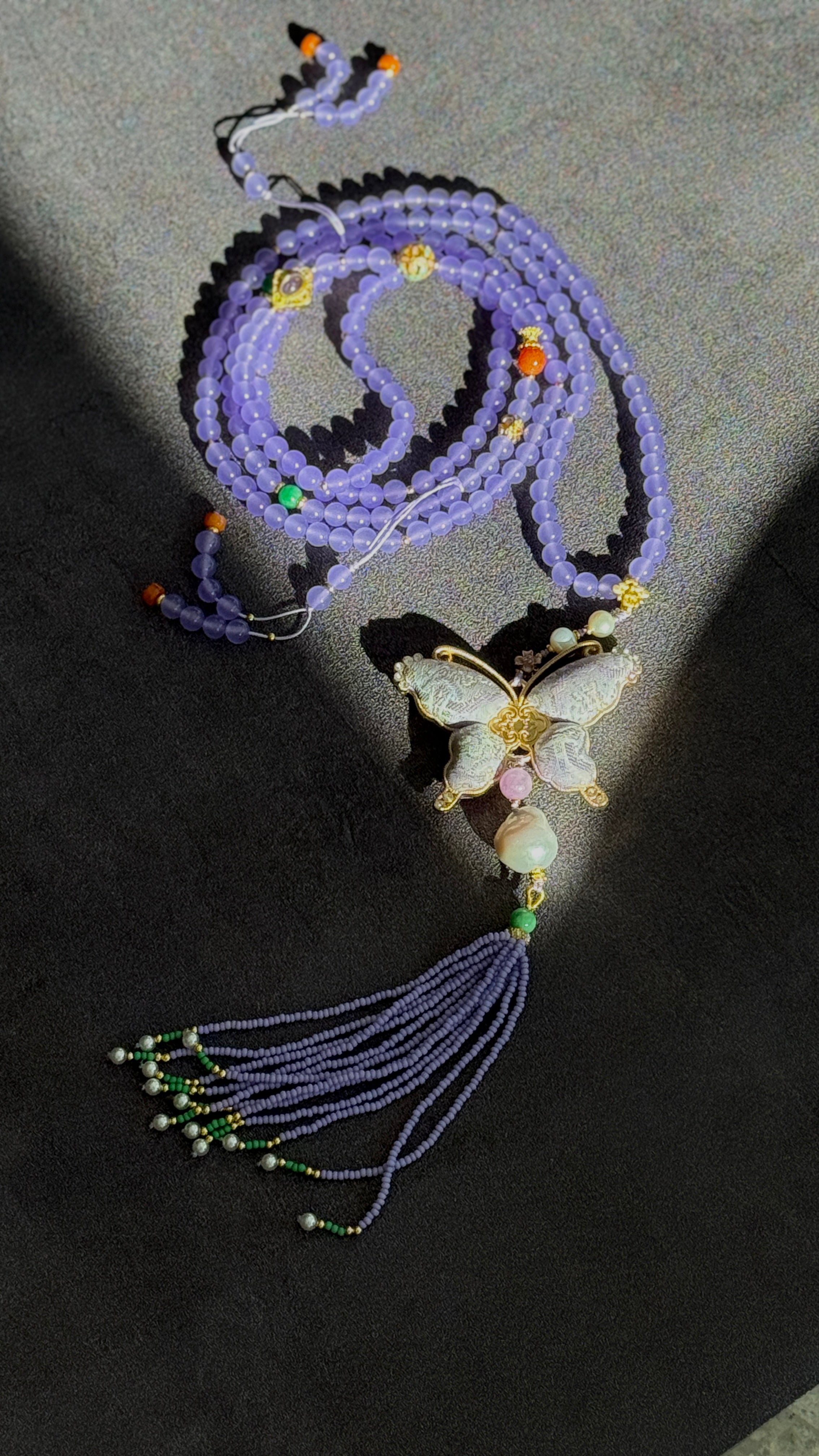 Lavender Haze · Crossbody chain with purple chalcedony beads and hand-embroidered butterfly