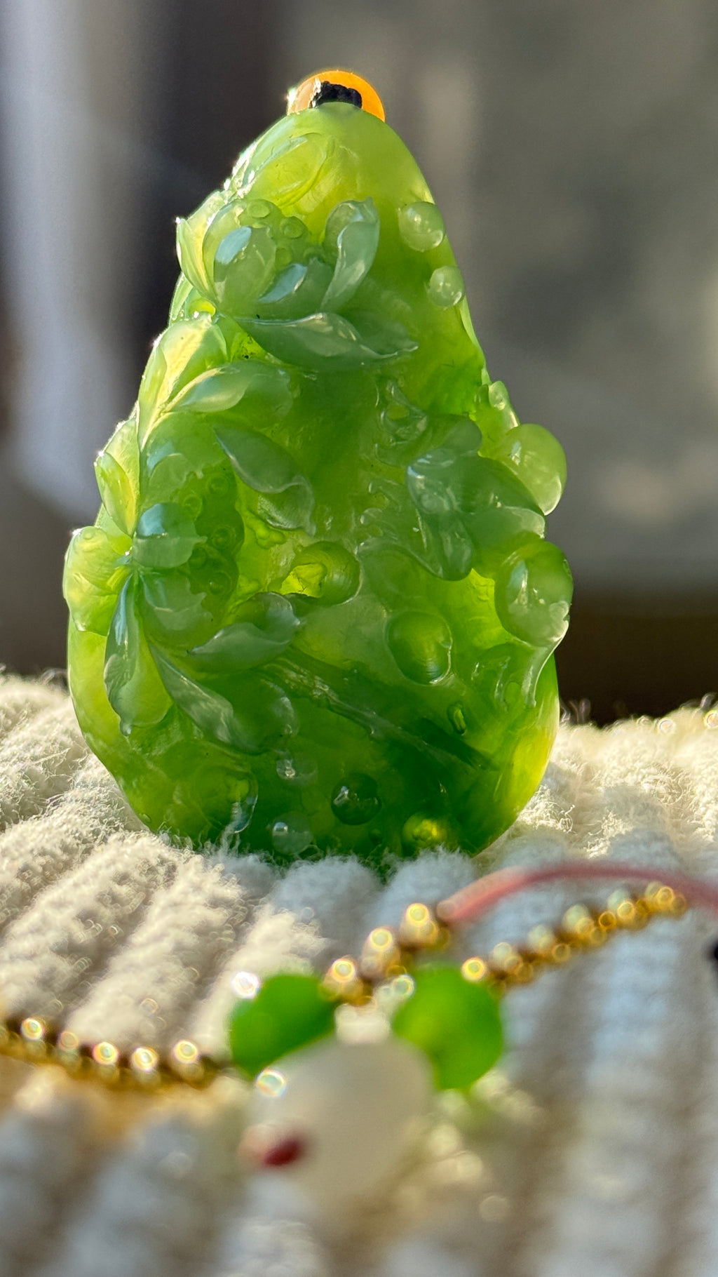 After Rain · Evergreen Fortune Jade Necklace Hand-Carved Green Jade Lotus Pendant | Natural Jadeite Necklace with White Jade Beads | One-of-a-kind