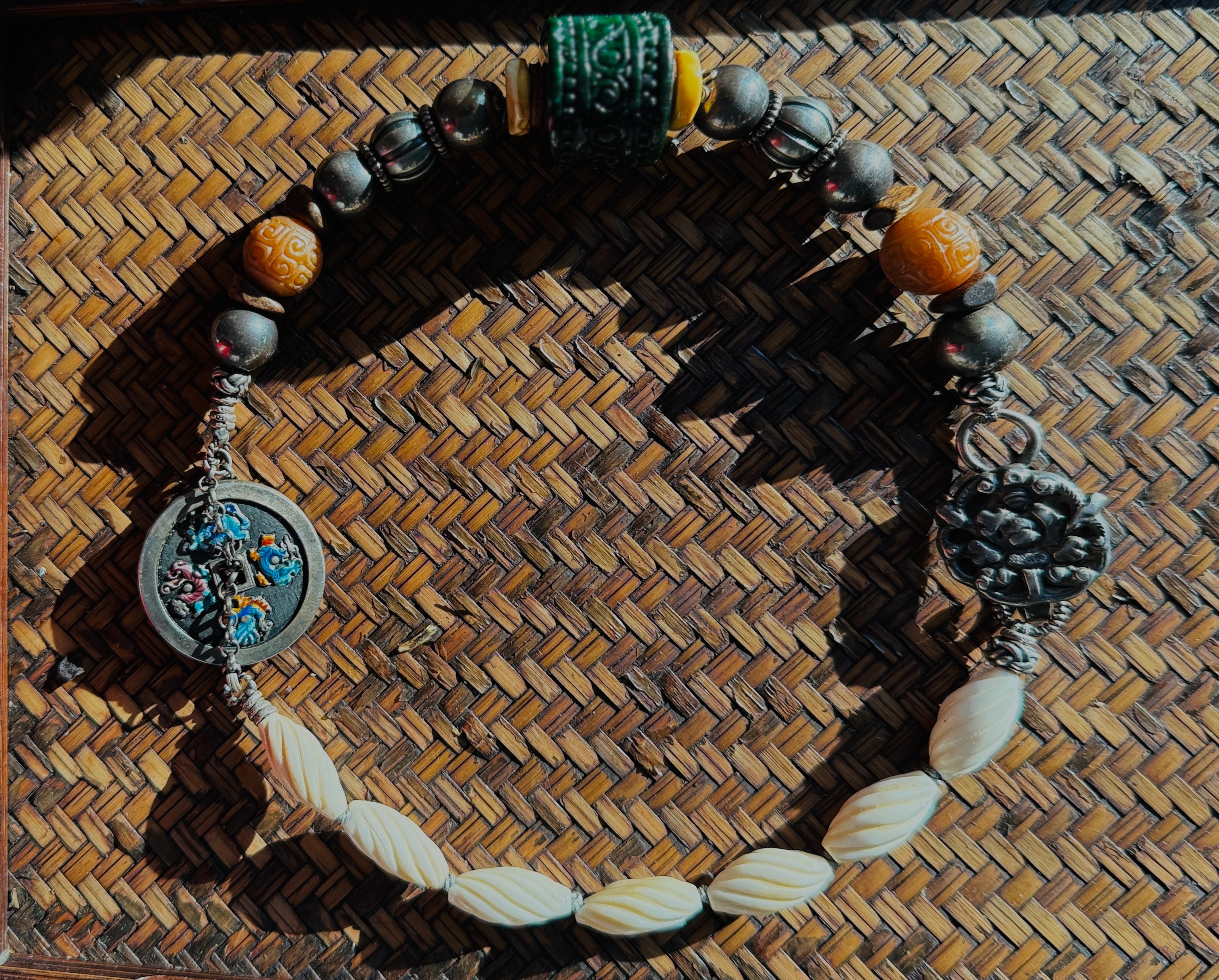 Ethereal · Vintage Statement Necklace with Large Dark Green Jade Barrel Bead | Handcrafted 925 Silver, Enamel Four Beasts, Antique Beads | One-of-a-kind