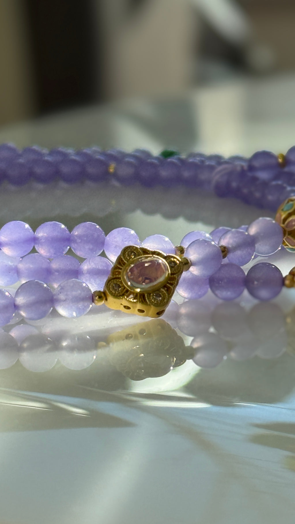 Lavender Haze · Crossbody chain with purple chalcedony beads and hand-embroidered butterfly