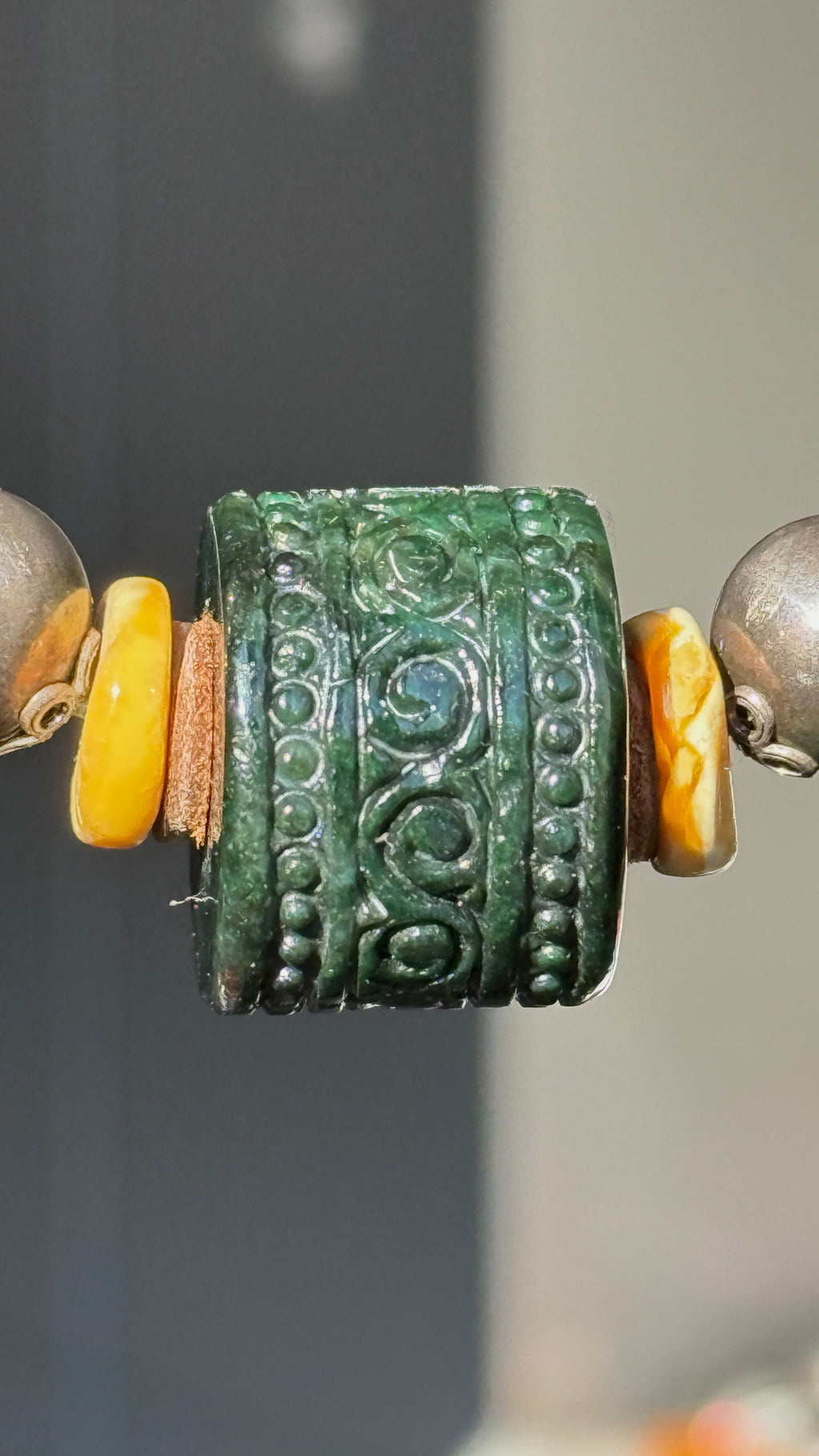 Ethereal · Vintage Statement Necklace with Large Dark Green Jade Barrel Bead | Handcrafted 925 Silver, Enamel Four Beasts, Antique Beads | One-of-a-kind