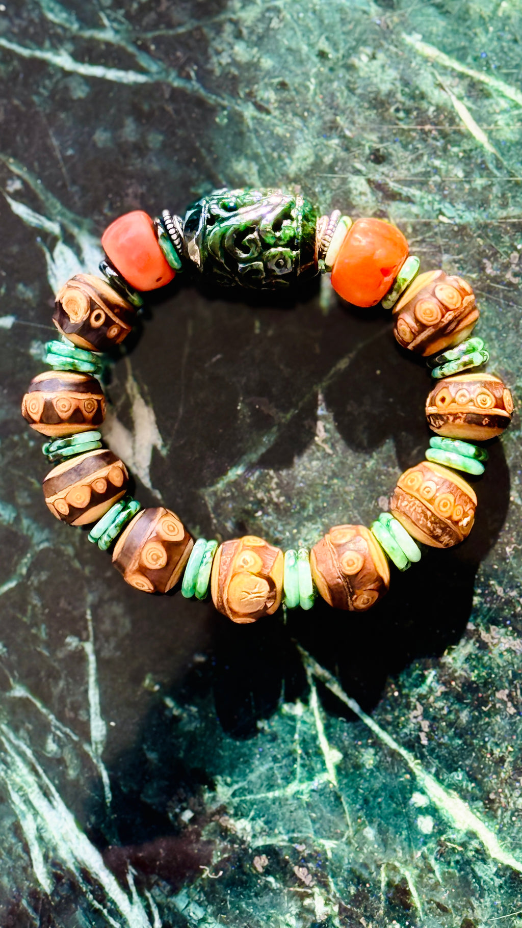 Summervale · One-of-a-Kind Jade & Vintage Bead Bracelet | Carved Green Jade • Vintage Red Beads • Bamboo Nail Beads | One-of-a-kind