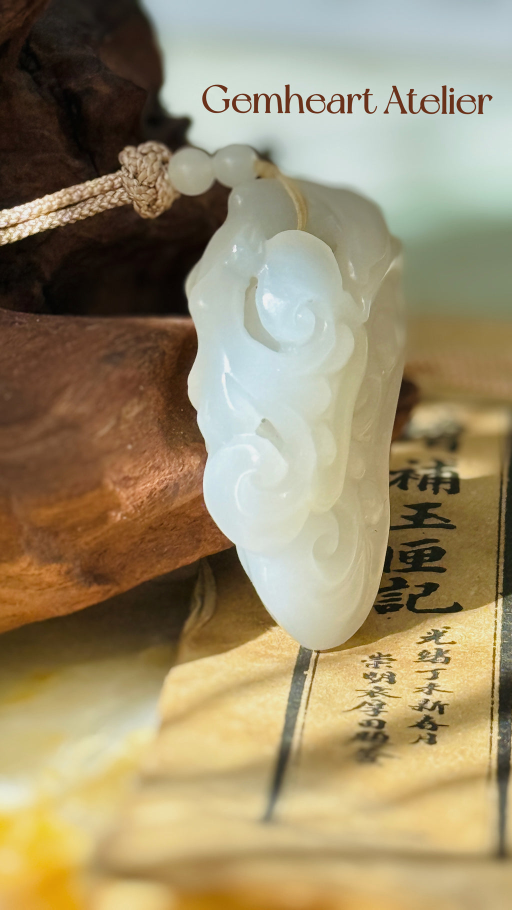 Snowtrace · Hand-Carved White Jade Amulet Pendant | Lucky Cloud Guardian | Natural Hetian Style Jade | One-of-a-kind-pieces