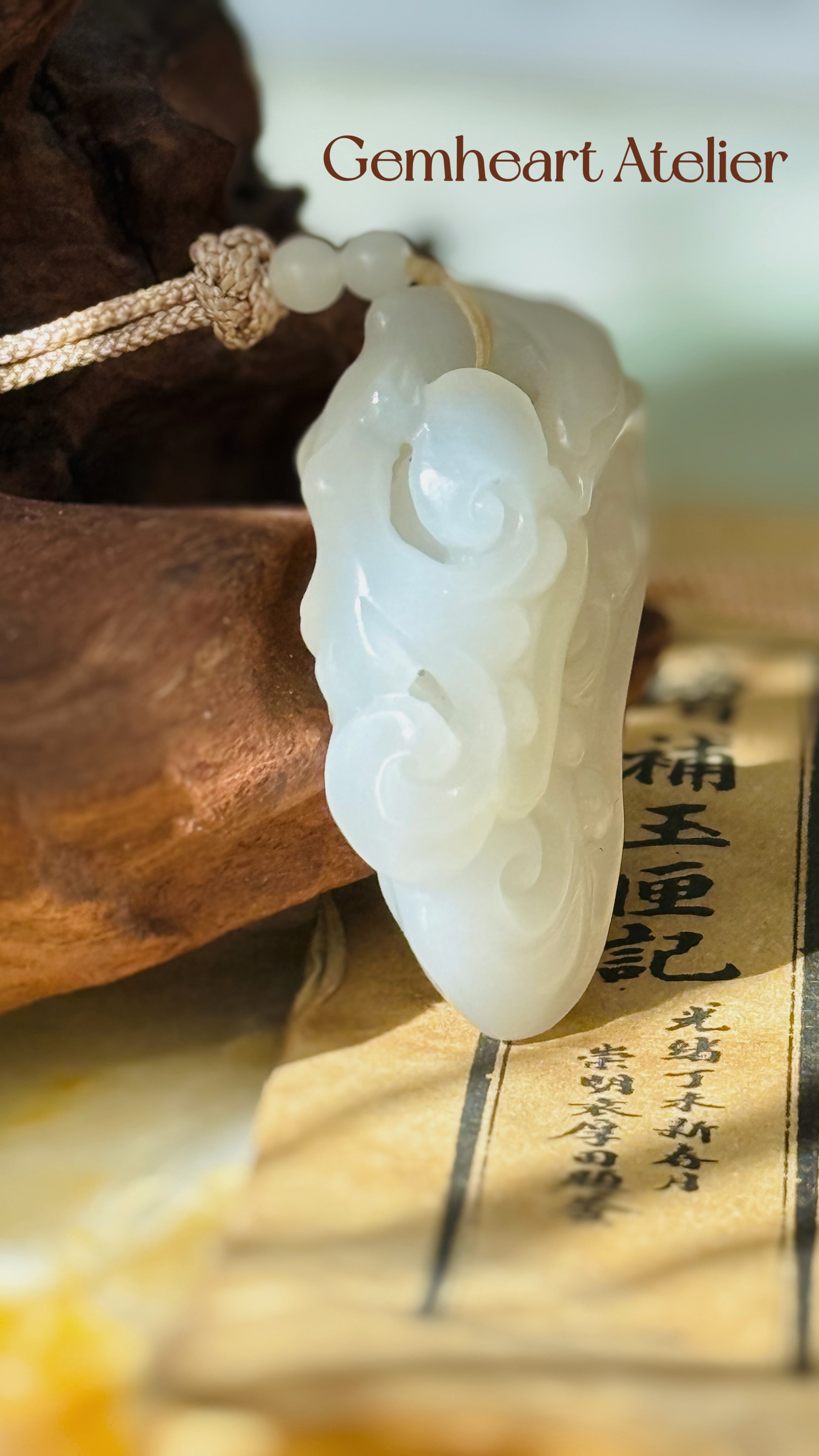 Snowtrace · Hand-Carved White Jade Amulet Pendant | Lucky Cloud Guardian | Natural Hetian Style Jade | One-of-a-kind-pieces