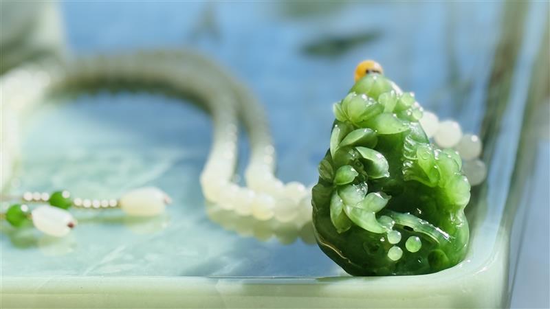 After Rain · Evergreen Fortune Jade Necklace Hand-Carved Green Jade Lotus Pendant | Natural Jadeite Necklace with White Jade Beads | One-of-a-kind