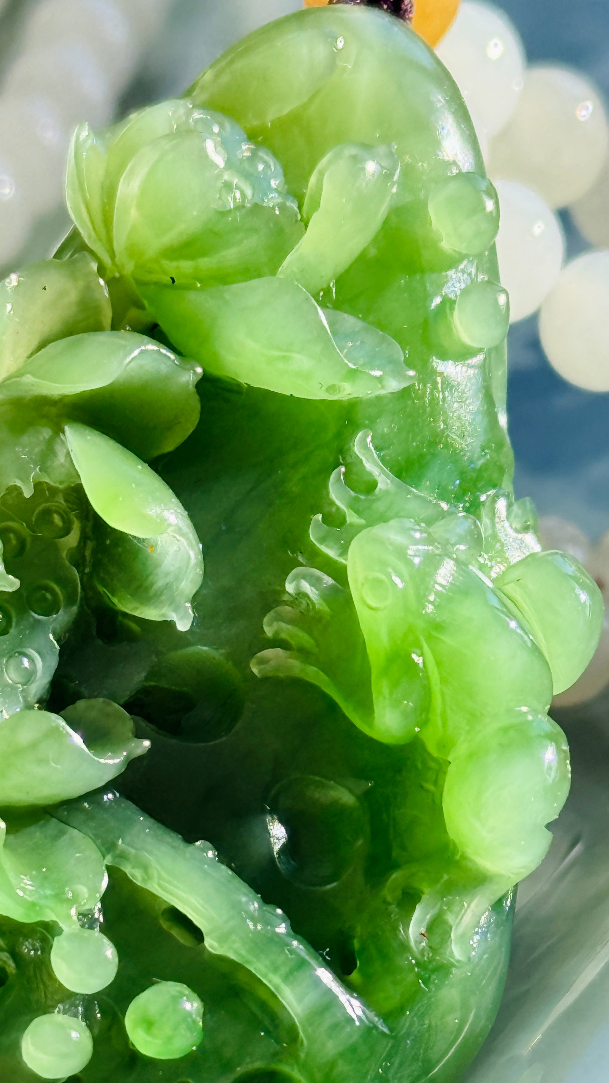 After Rain · Evergreen Fortune Jade Necklace Hand-Carved Green Jade Lotus Pendant | Natural Jadeite Necklace with White Jade Beads | One-of-a-kind