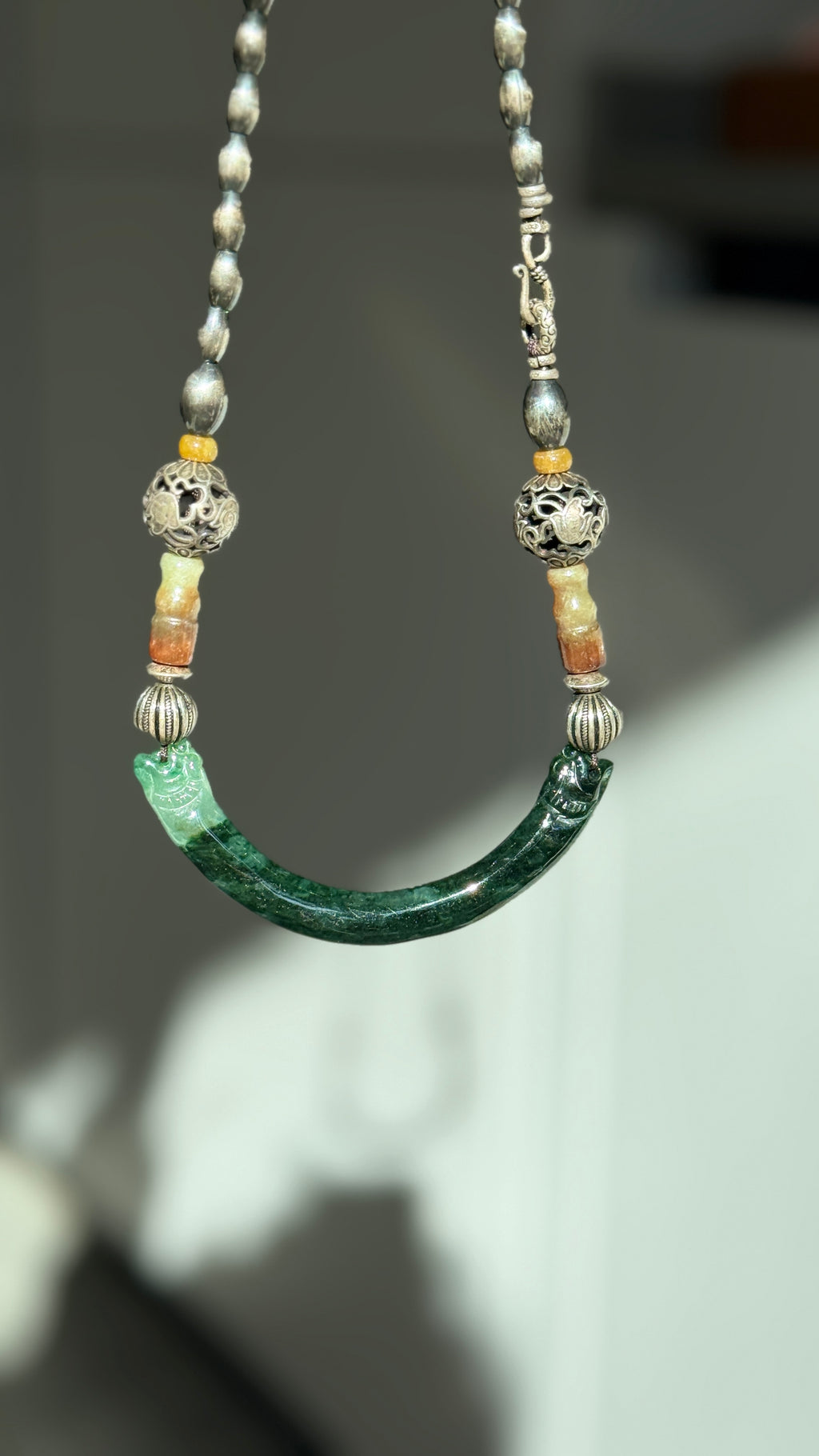 Interval · Antique Jade Arc Necklace | Hand-Carved Green Jade • Aged Silver| One-of-a-kind