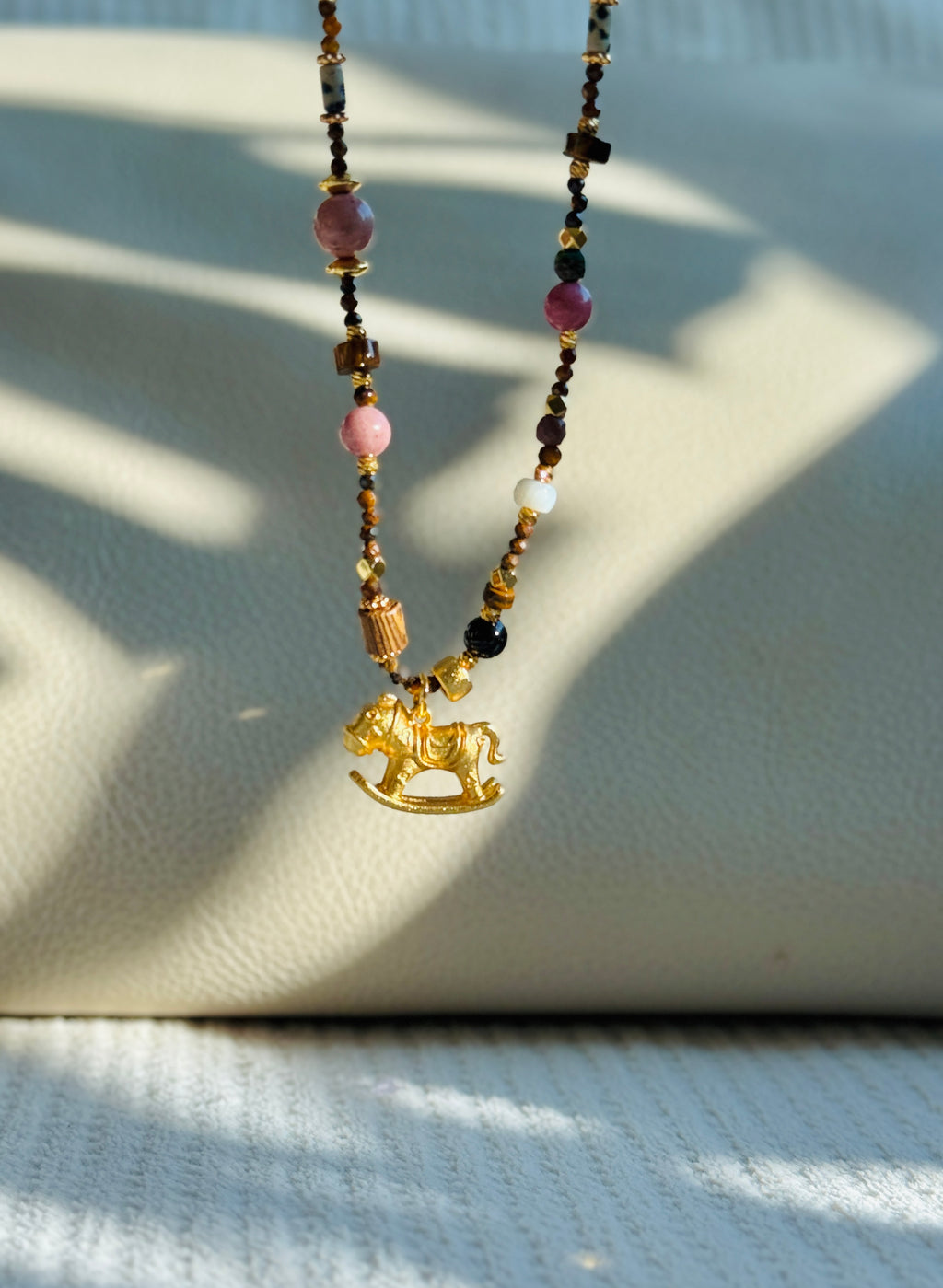 Grounding · Year of Horse Lucky Necklace｜Tiger’s Eye Gem Long Necklace with Rocking Horse Pendant