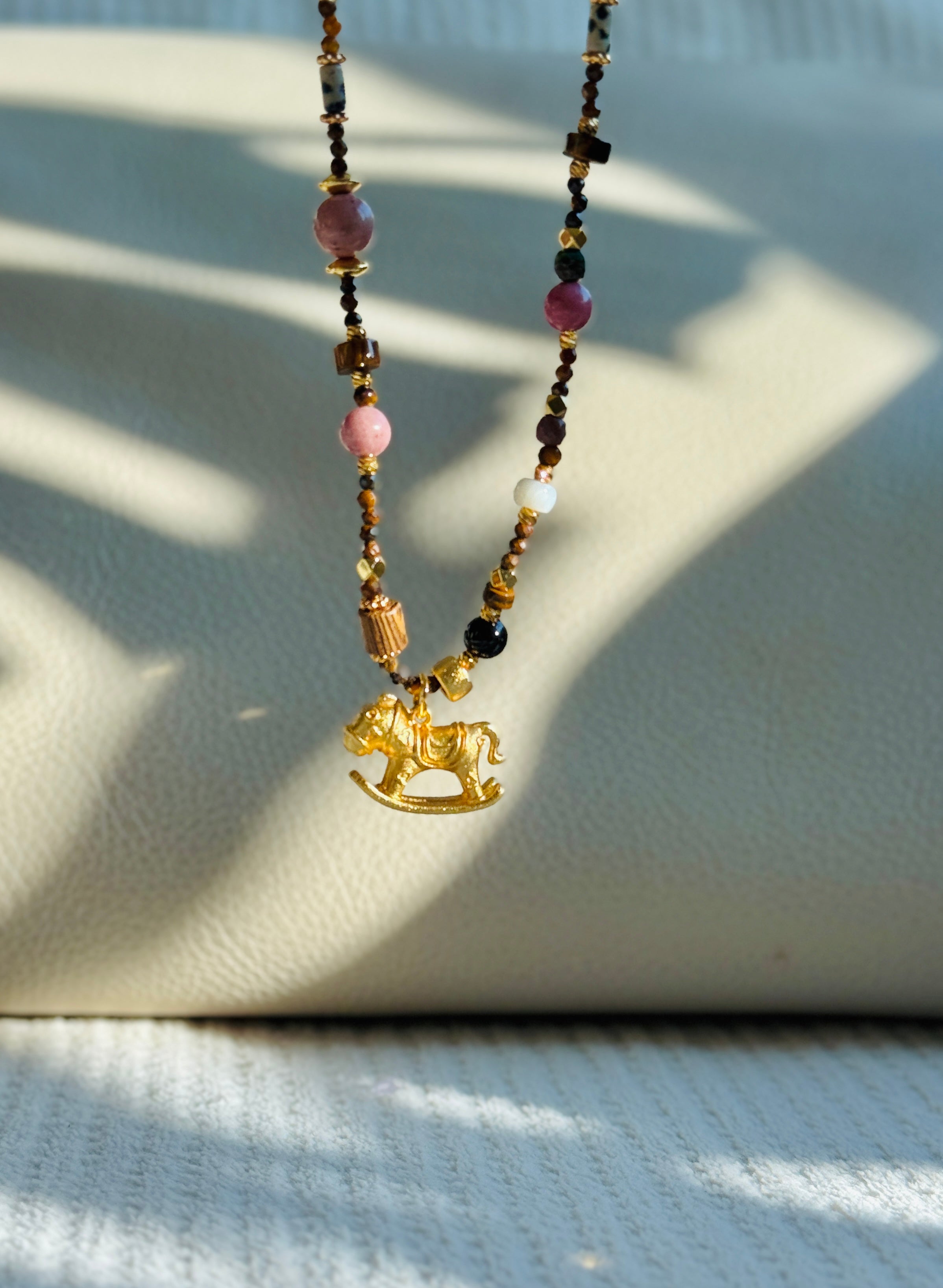 Grounding · Year of Horse Lucky Necklace｜Tiger’s Eye Gem Long Necklace with Rocking Horse Pendant