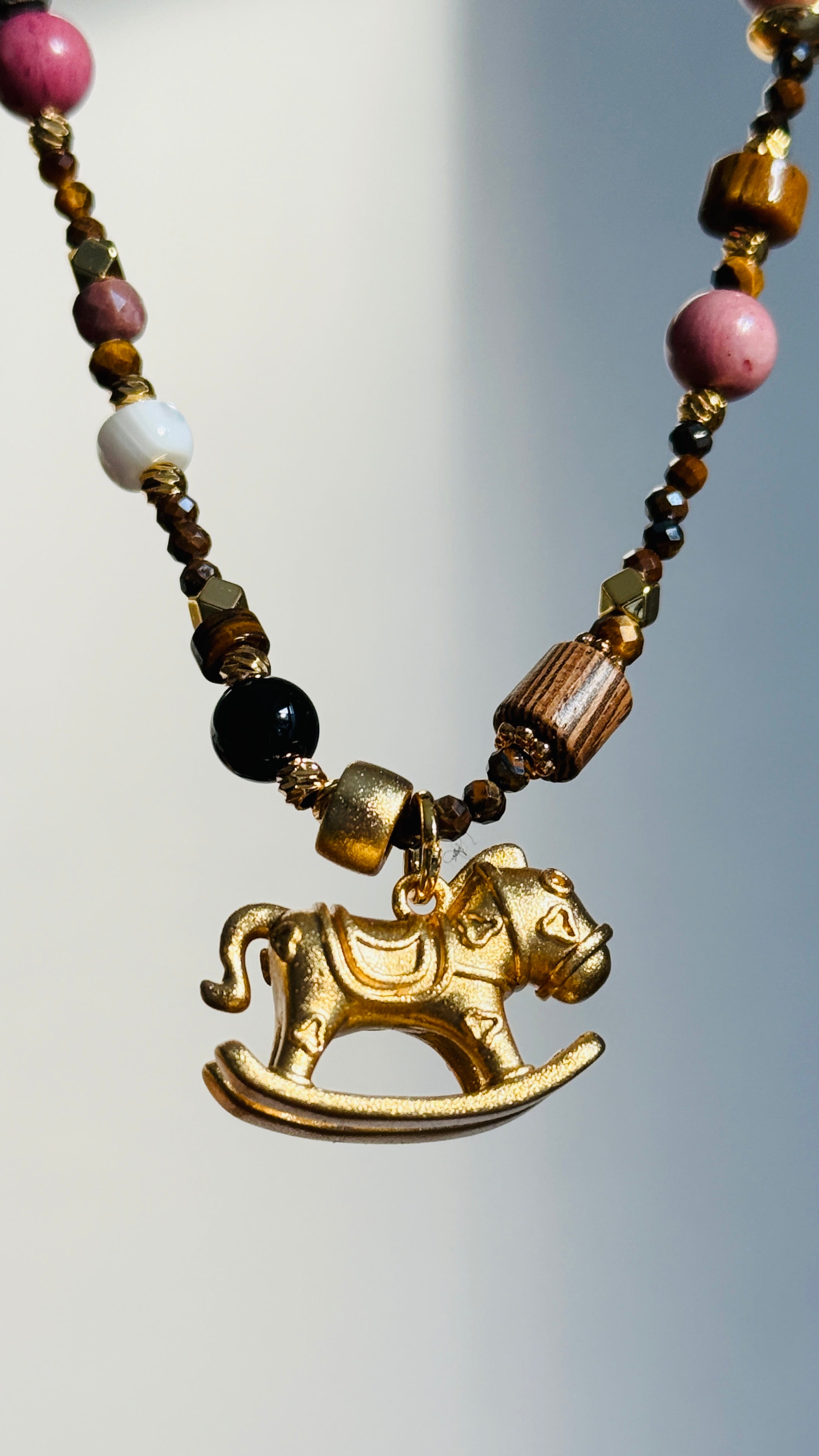 Grounding · Year of Horse Lucky Necklace｜Tiger’s Eye Gem Long Necklace with Rocking Horse Pendant